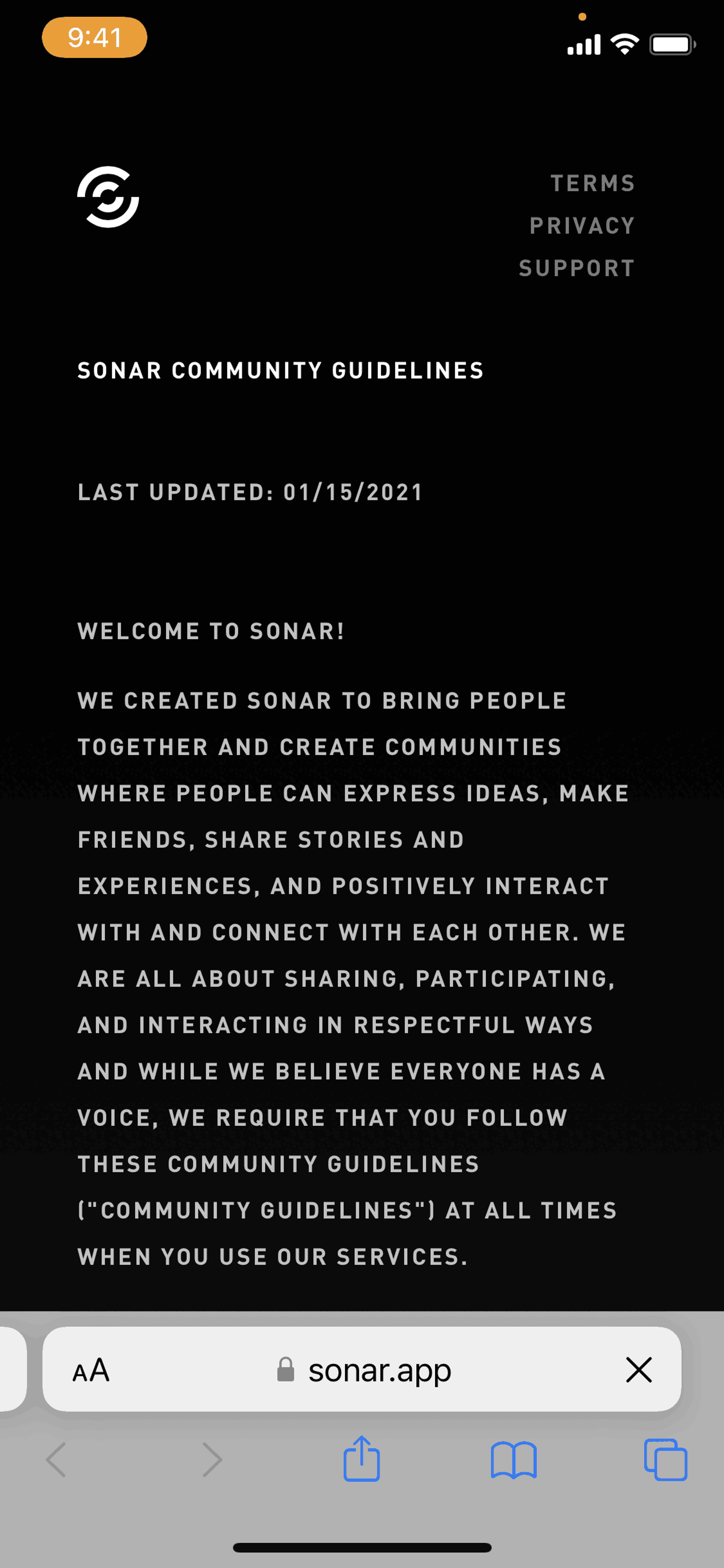 Community guidelines on Sonar (ios) screen 2