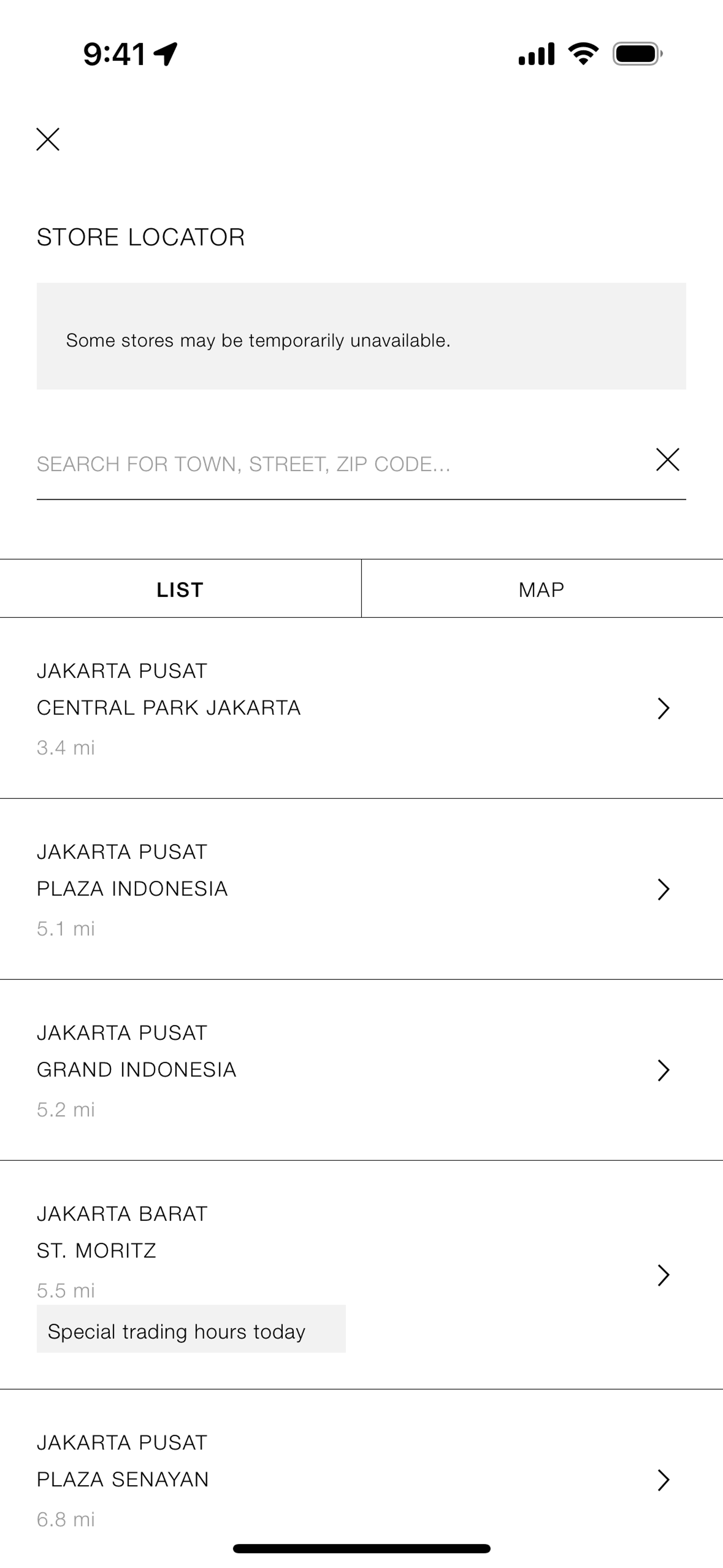 Selecting a pick up store on ZARA (ios) screen 2