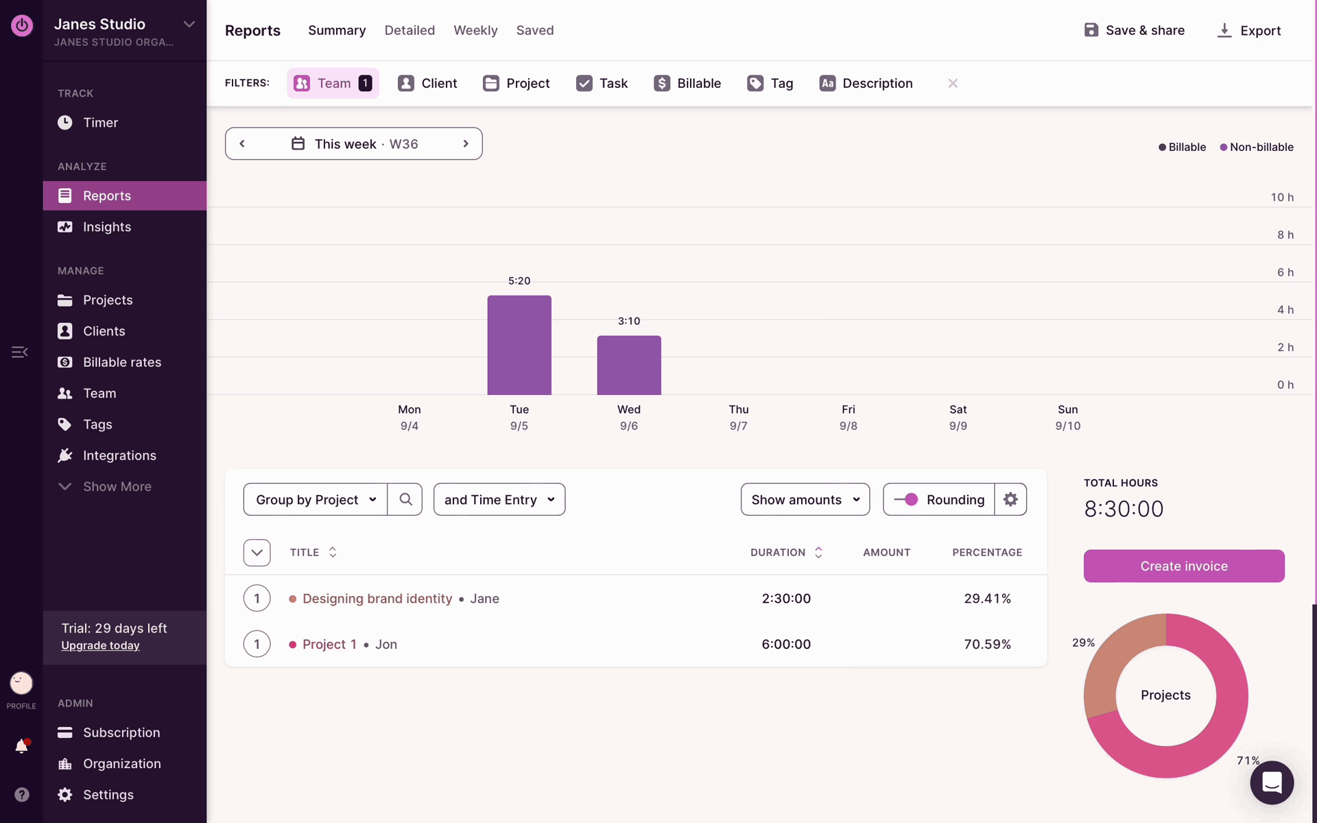 Toggl Track Web Business interface screenshot 2