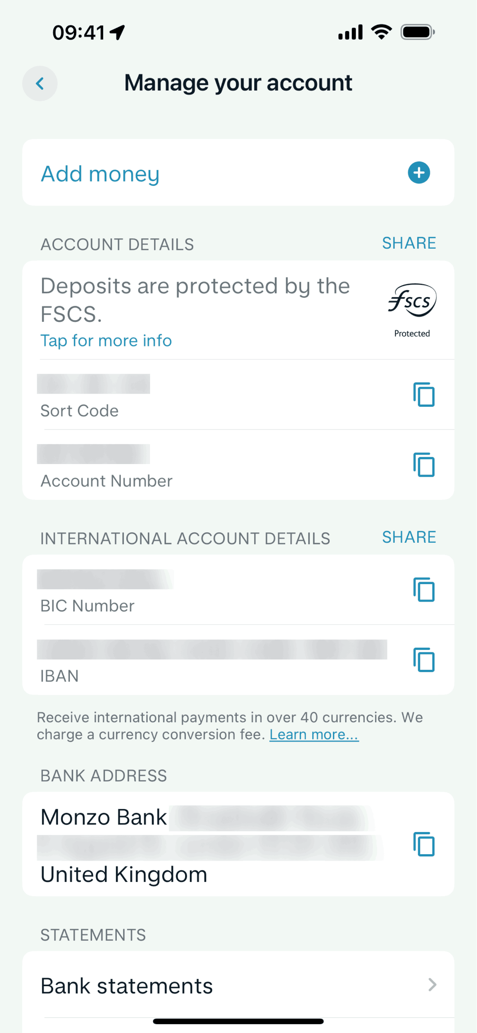 Manage account on Monzo (ios) screen 2