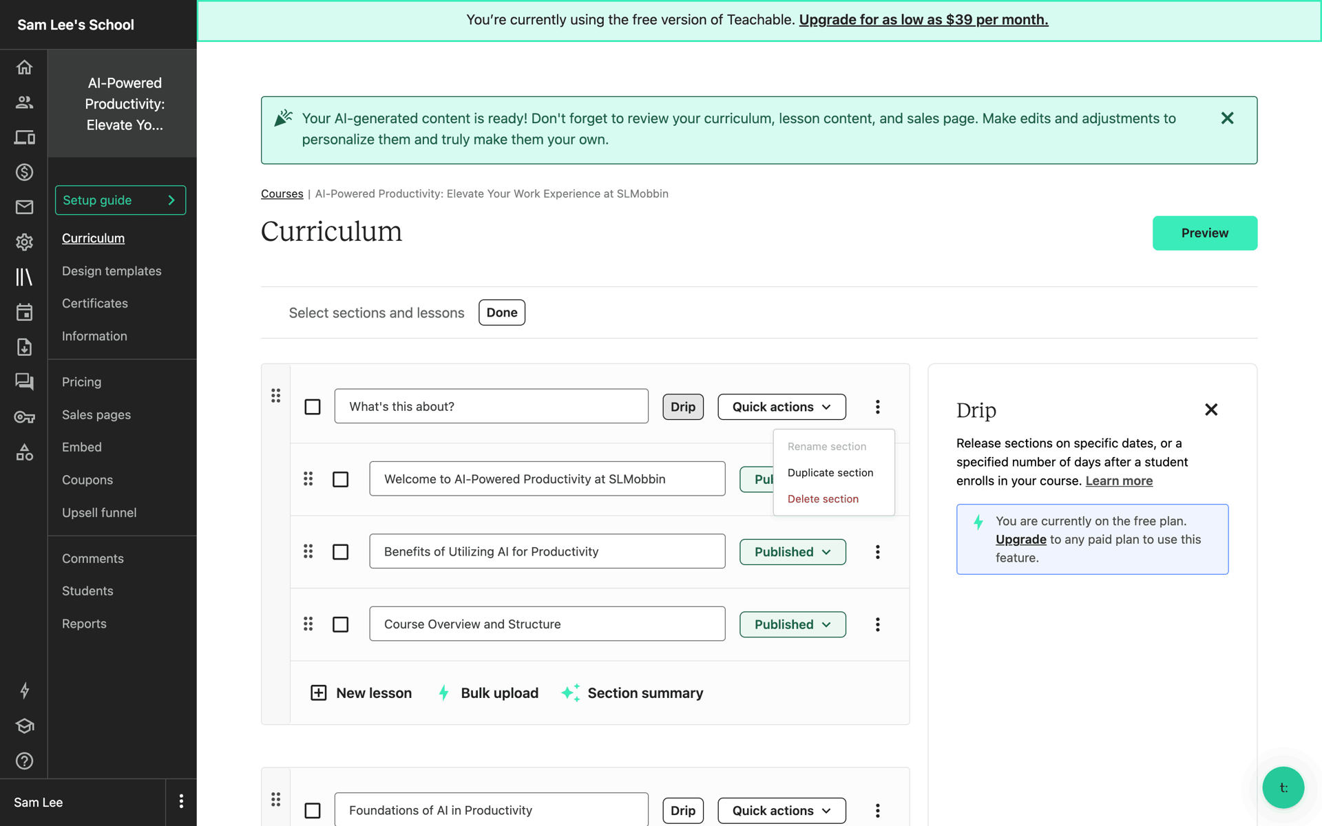 Teachable Web Business interface screenshot 18