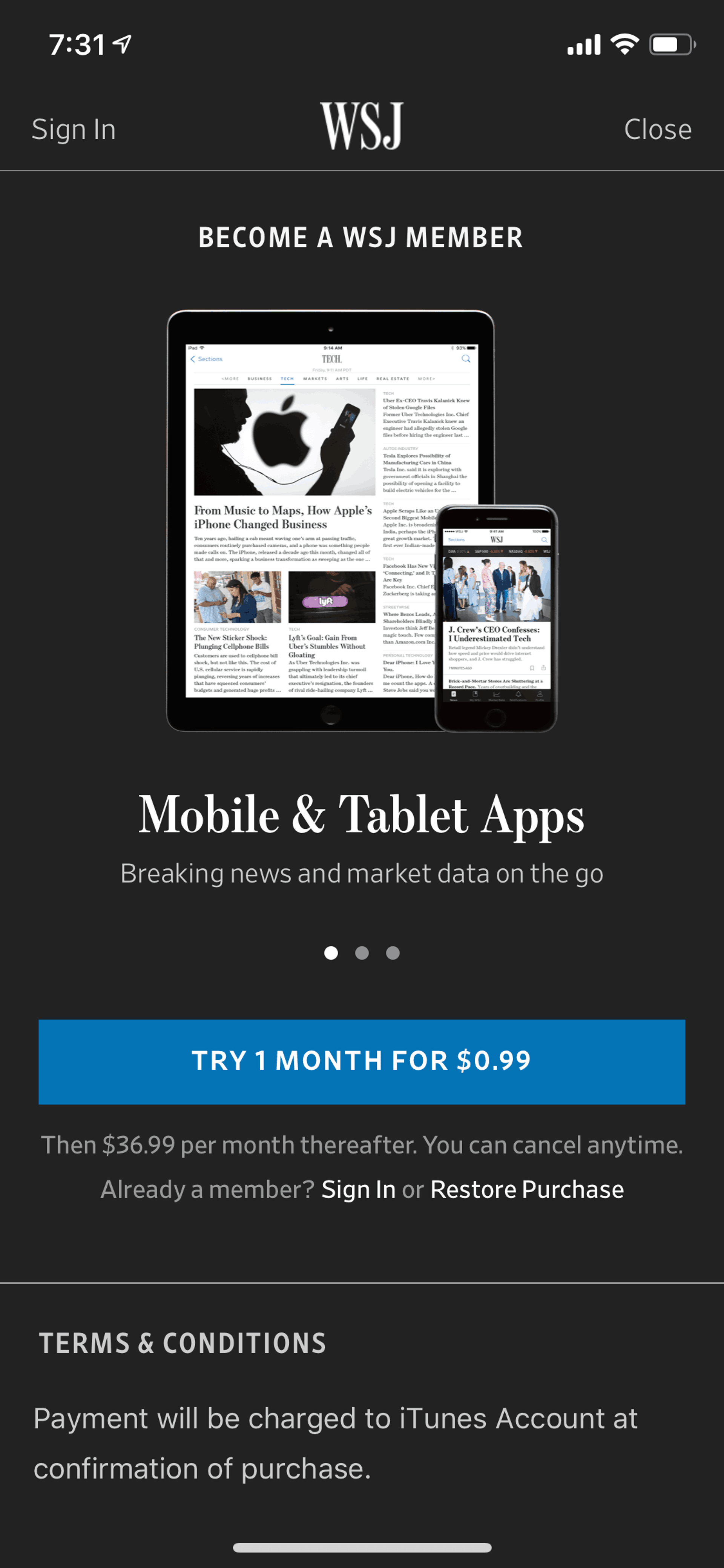 The Wall Street Journal iOS News interface screenshot 2