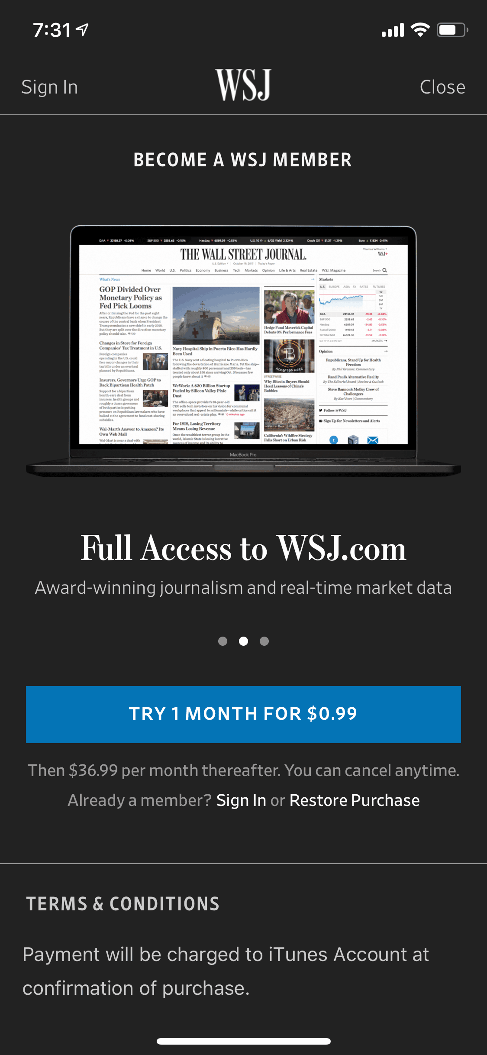 The Wall Street Journal iOS News interface screenshot 3