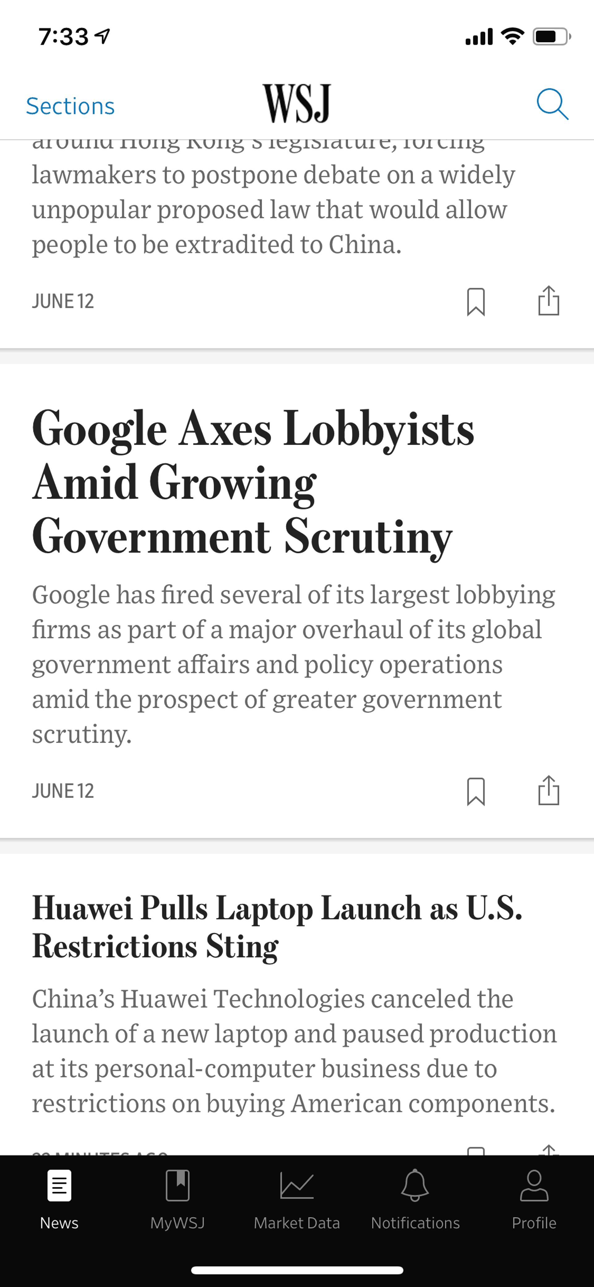 The Wall Street Journal iOS News interface screenshot 6