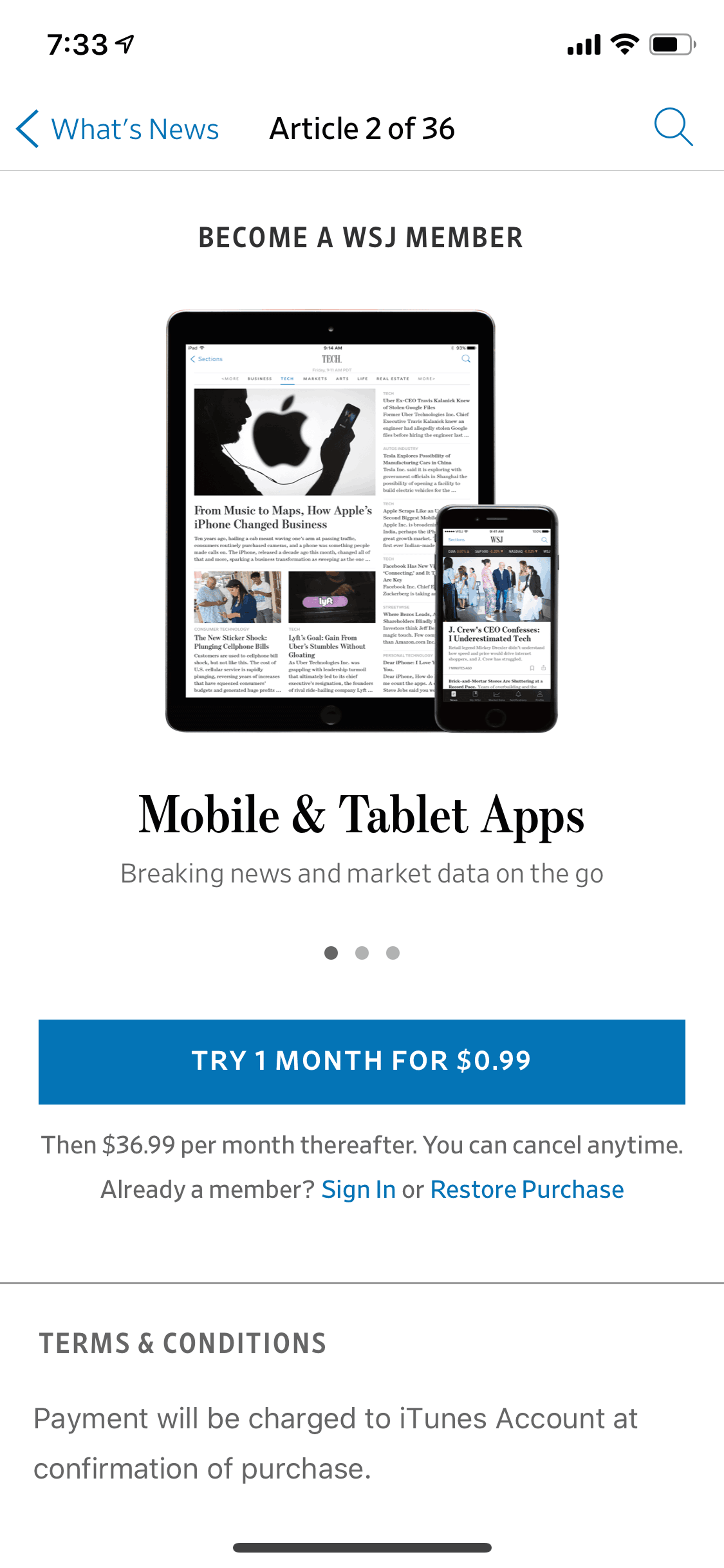 The Wall Street Journal iOS News interface screenshot 7