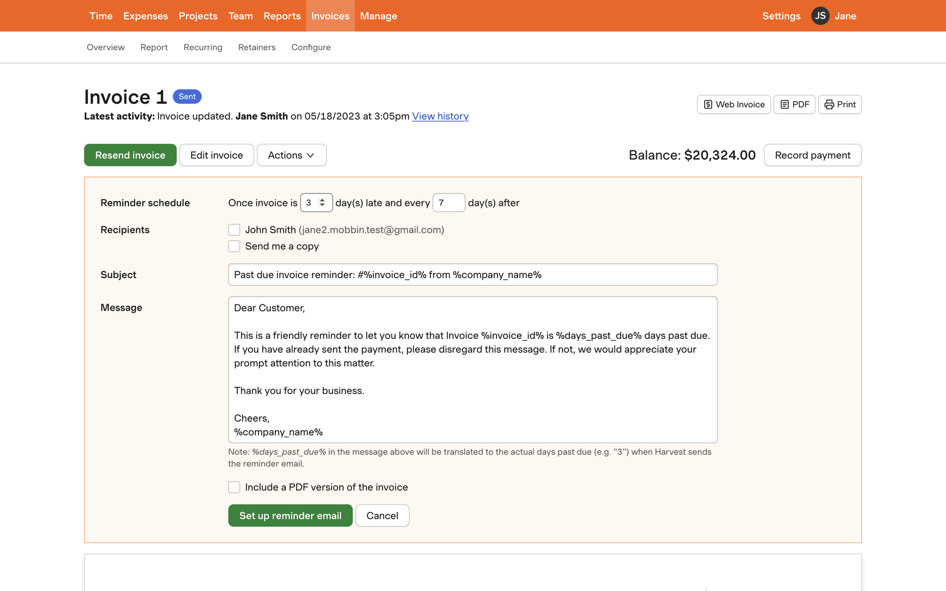 Harvest Web Business interface screenshot 24