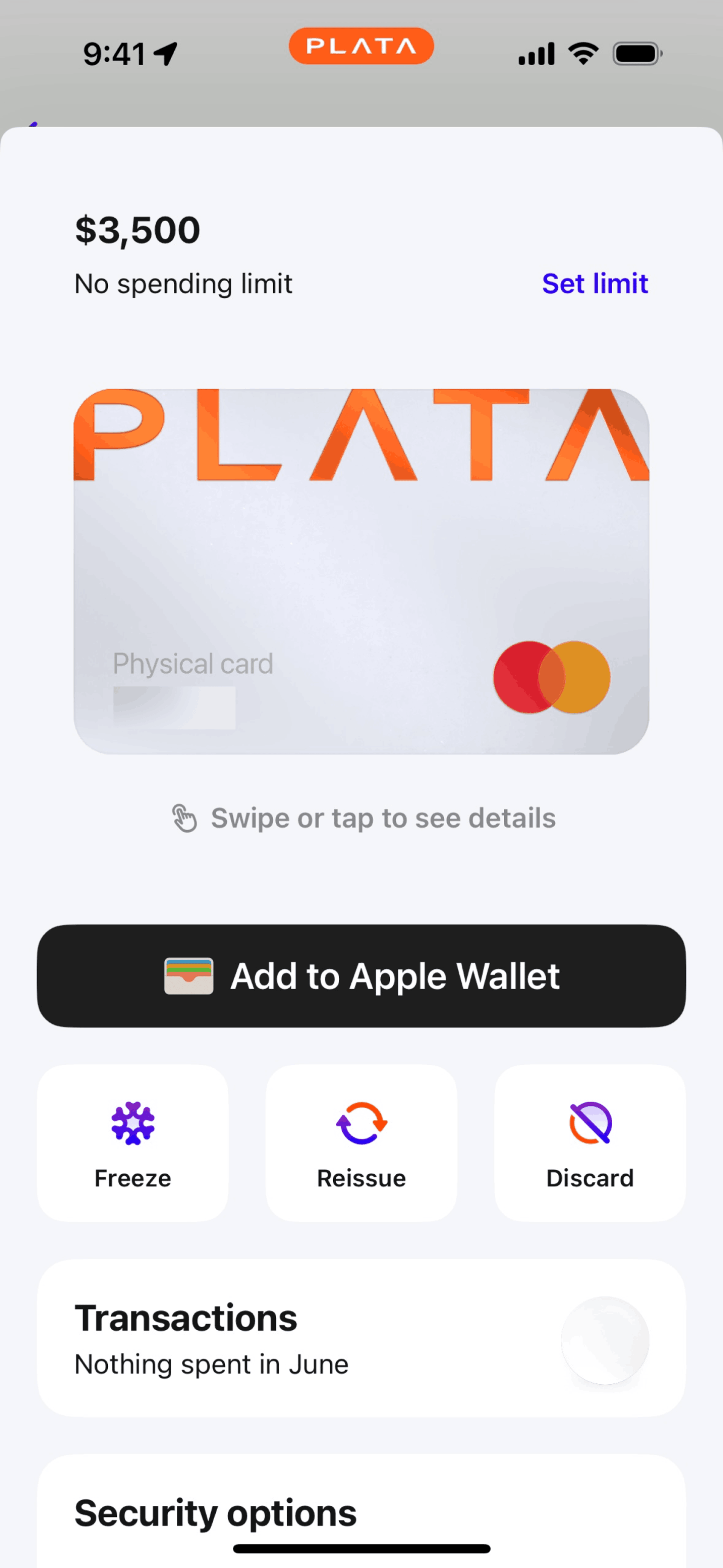 Plata Card iOS Finance interface screenshot 3