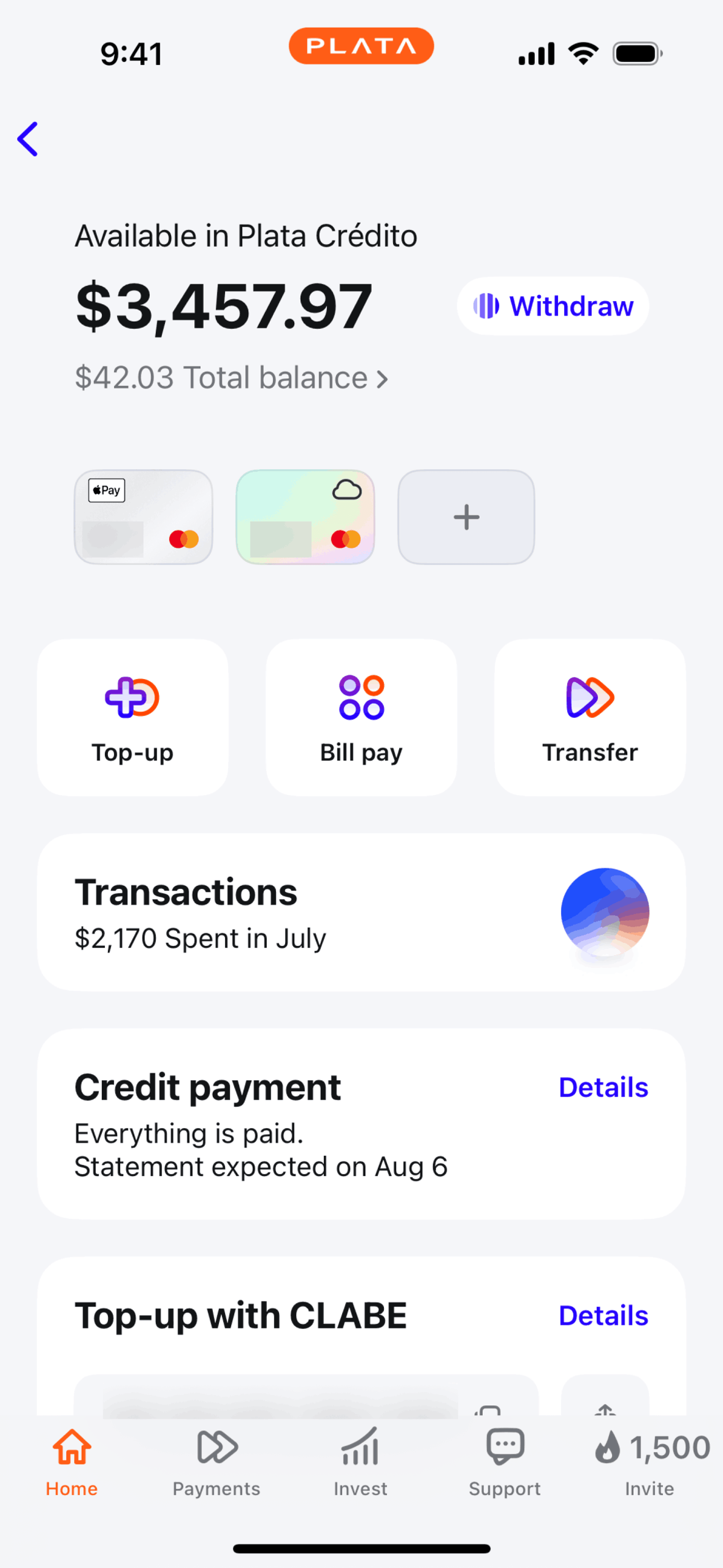 Plata Card iOS Finance interface screenshot 5