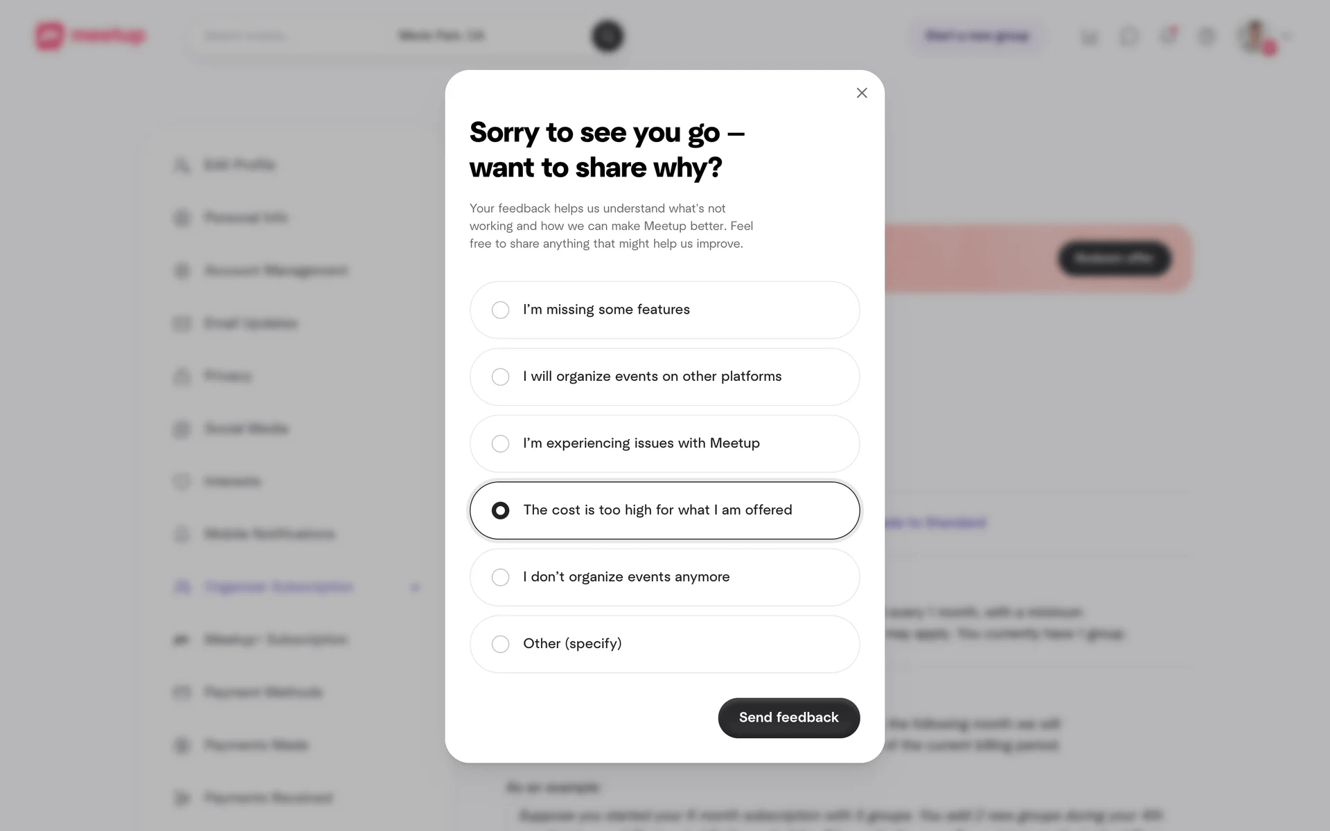 Meetup screenshot