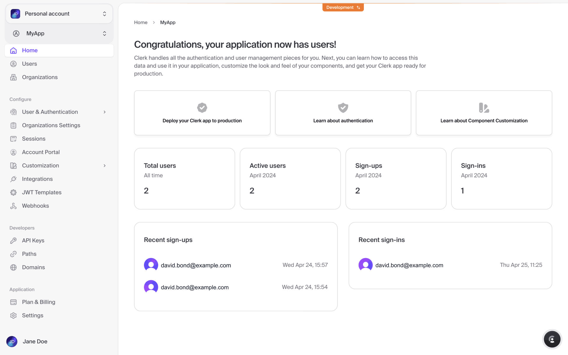 Clerk Web Developer Tools interface screenshot 1