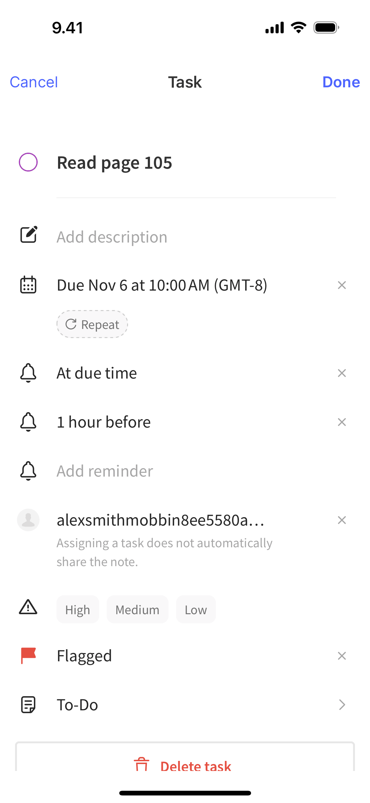 Editing a task on Evernote (ios) screen 2