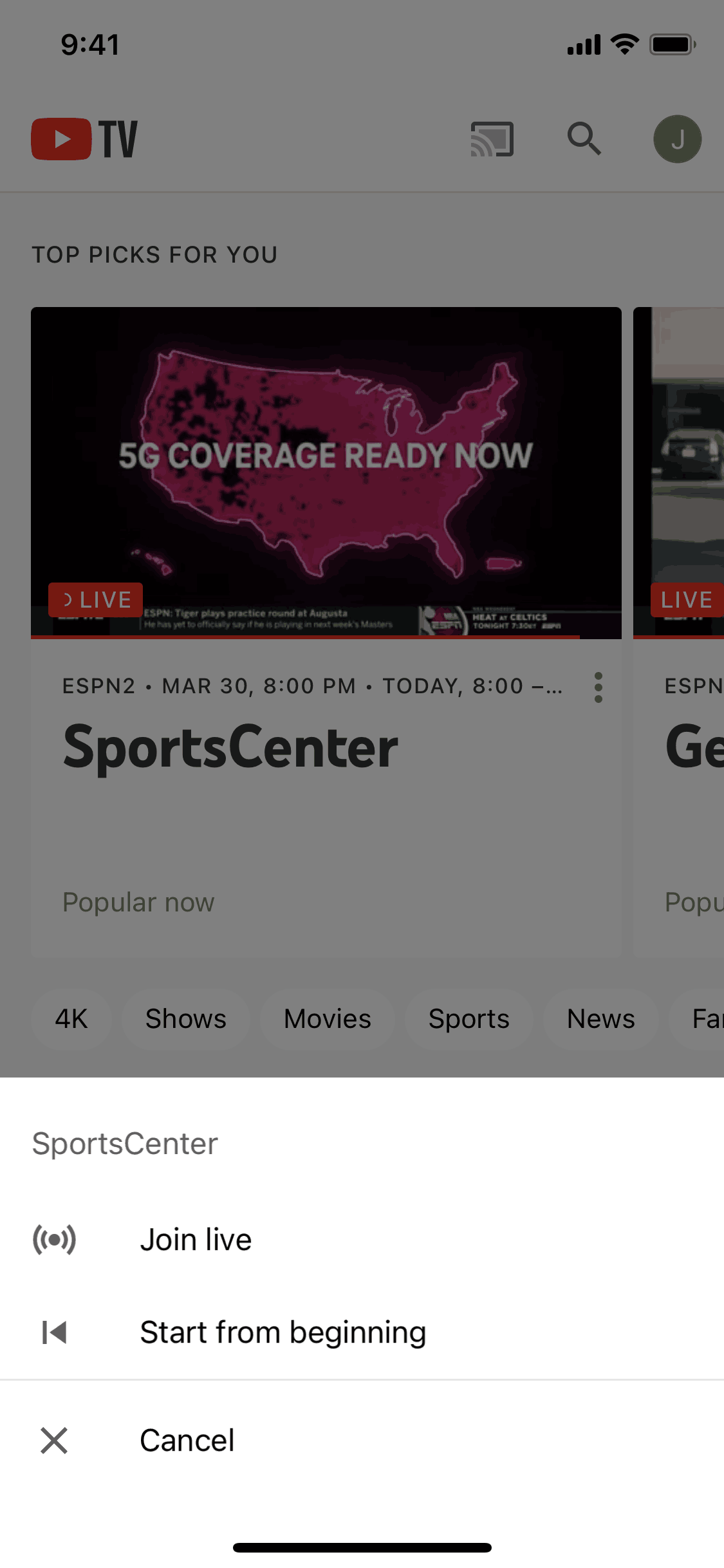 Joining a live stream on YouTube TV (ios) screen 2
