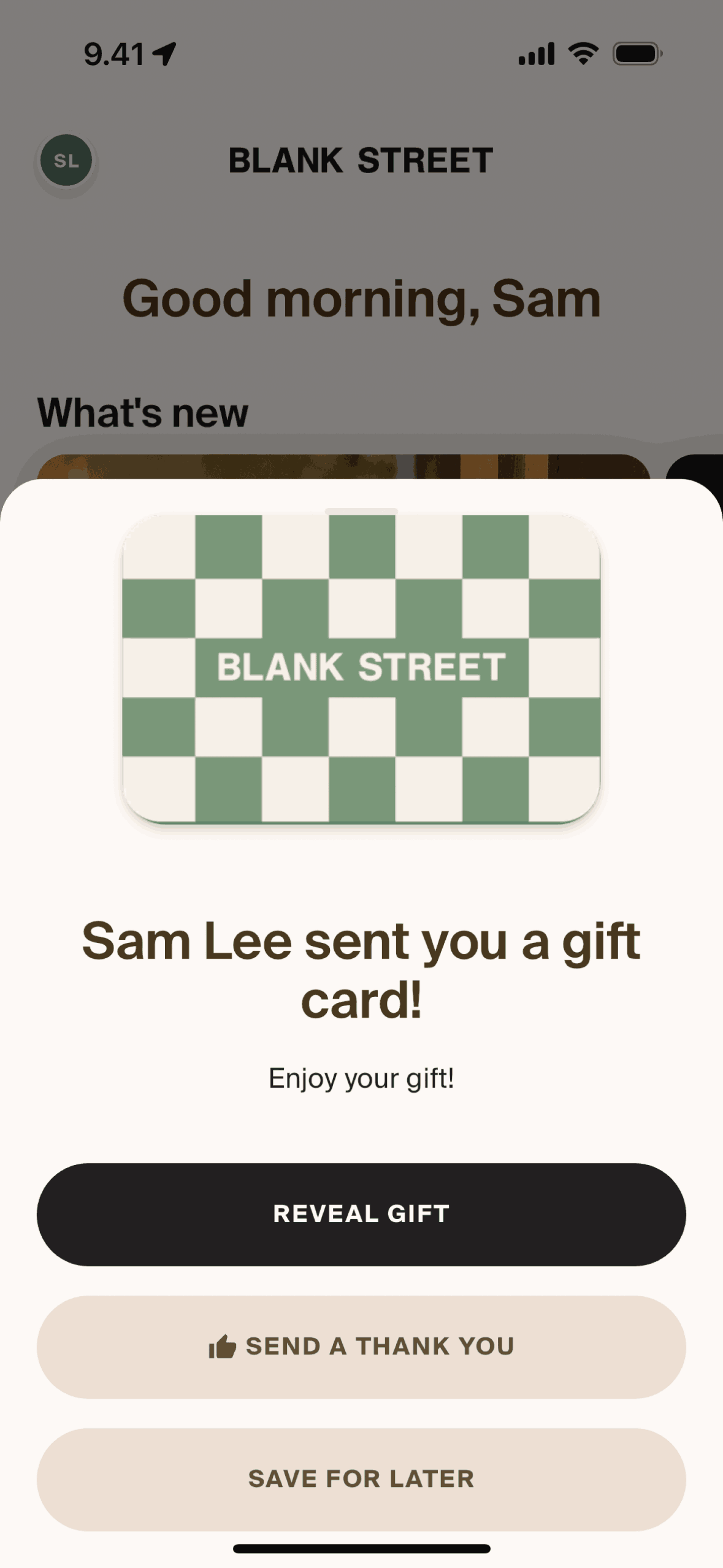 Receiving a gift card on Blank Street (ios) screen 2