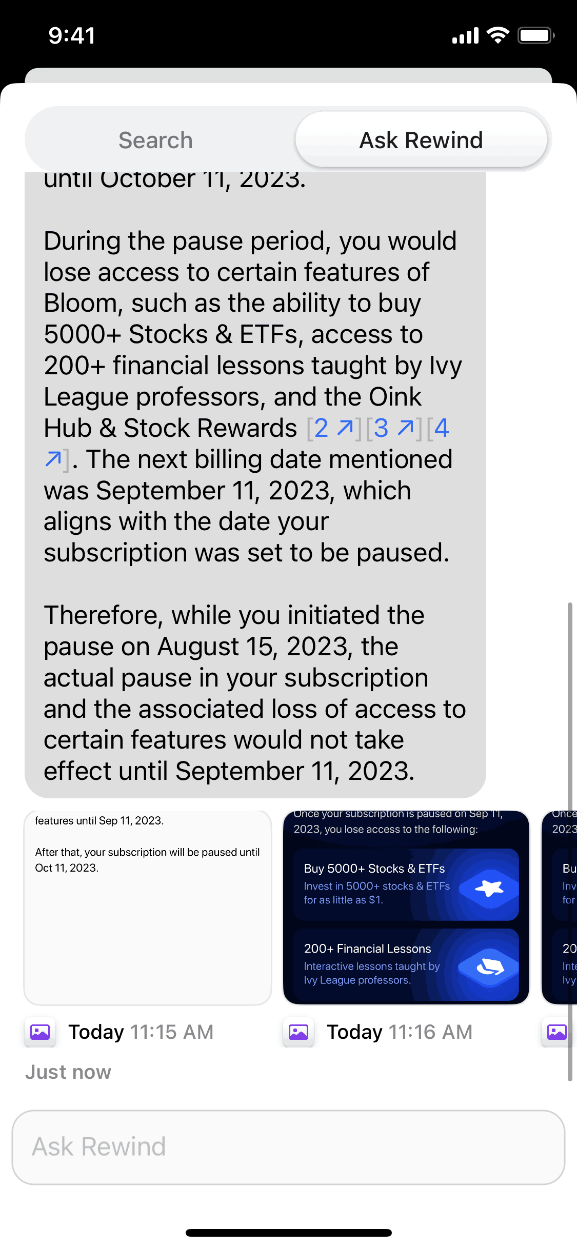 Rewind iOS AI interface screenshot 2