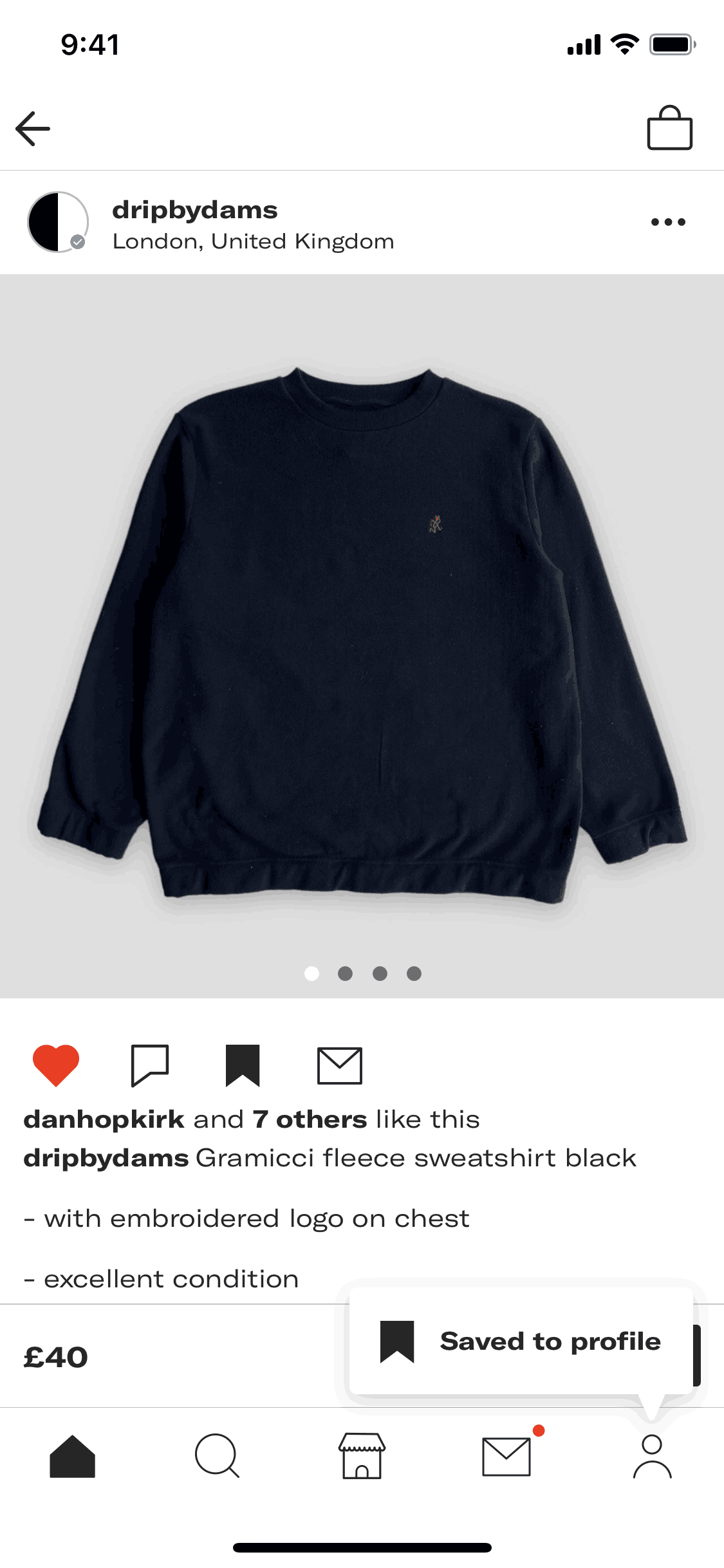 Saving a product to profile on Depop (ios) screen 2