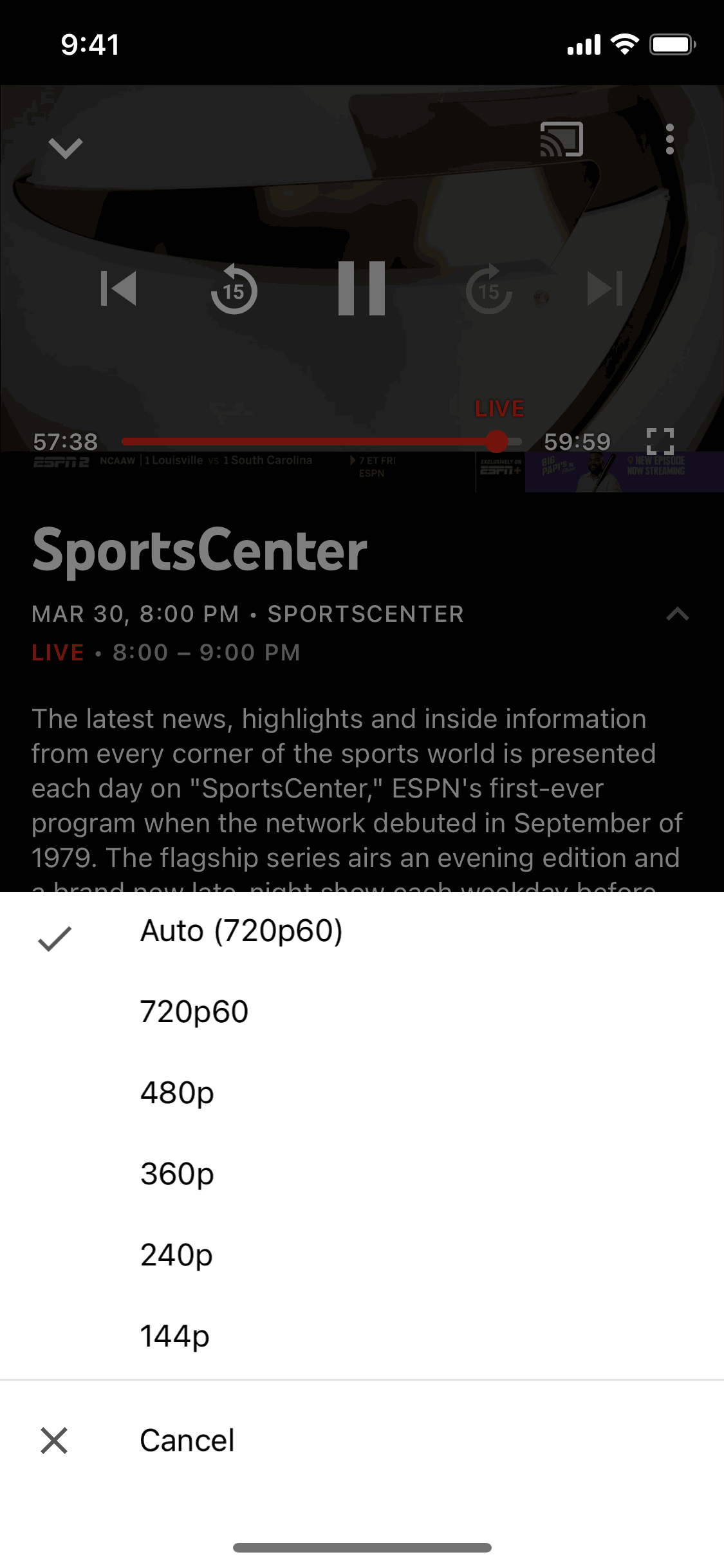 Selecting video quality on YouTube TV (ios) screen 2