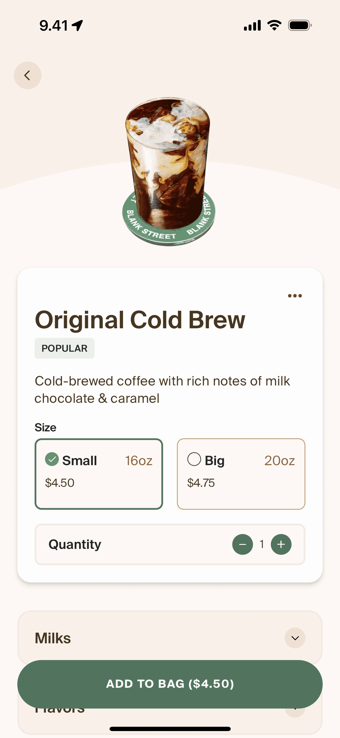 Adding to bag on Blank Street (ios) screen 2