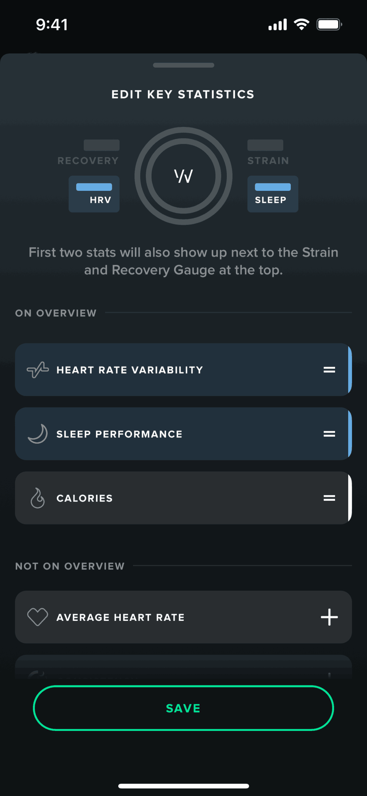 Editing key statistics on WHOOP (ios) screen 2