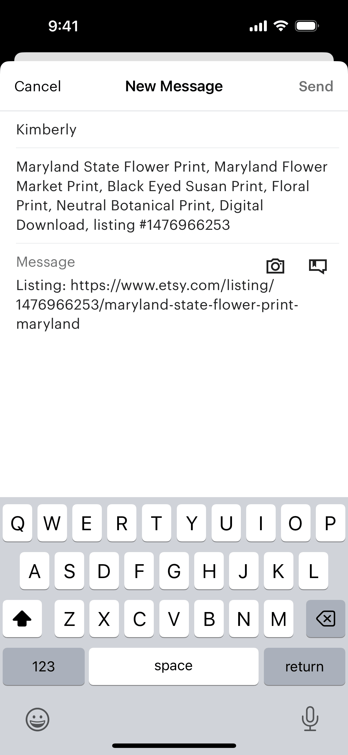 Sending a message on Etsy (ios) screen 2
