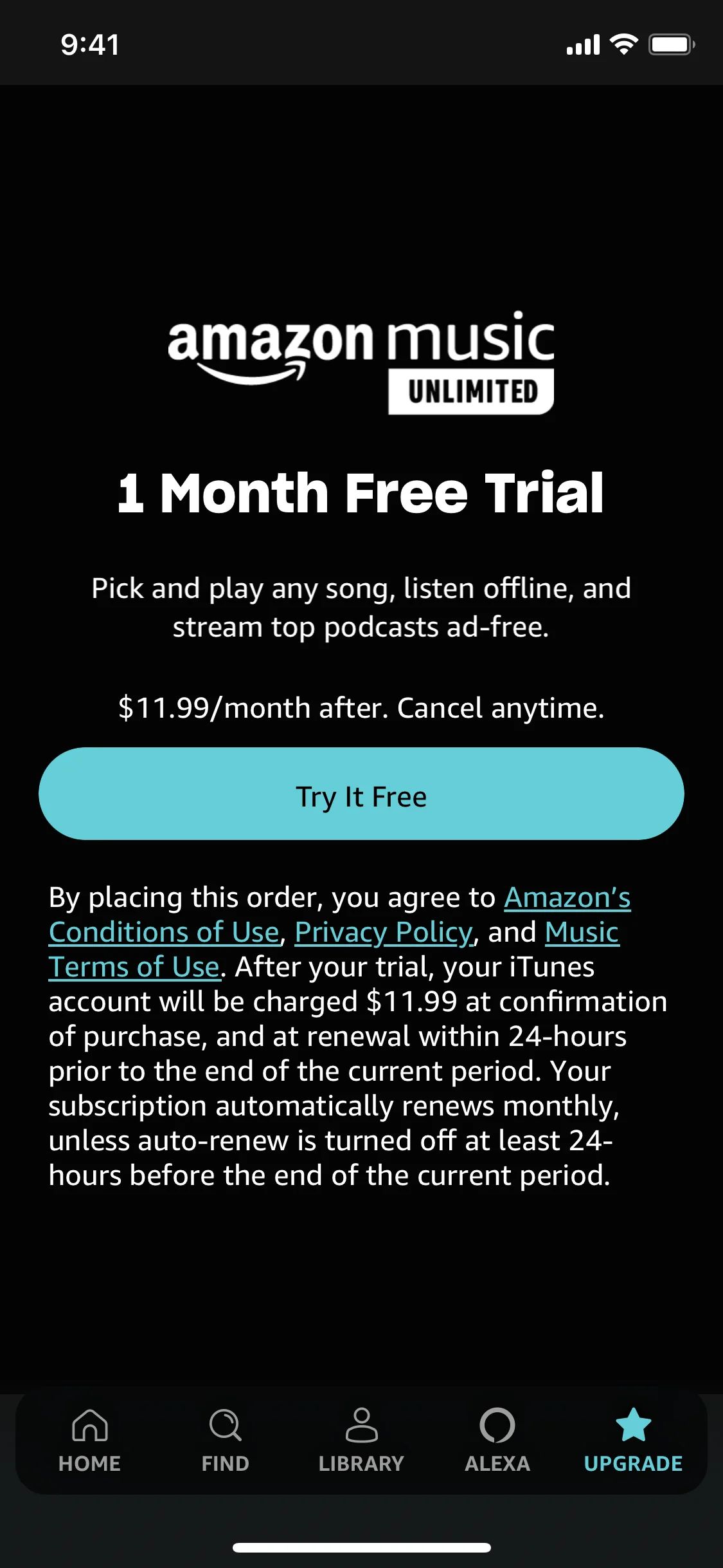 Subscribing to Amazon Music Unlimited on Amazon Music (ios) screen 2
