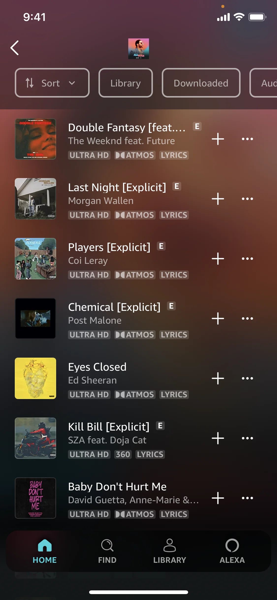 Sorting songs on Amazon Music (ios) screen 2
