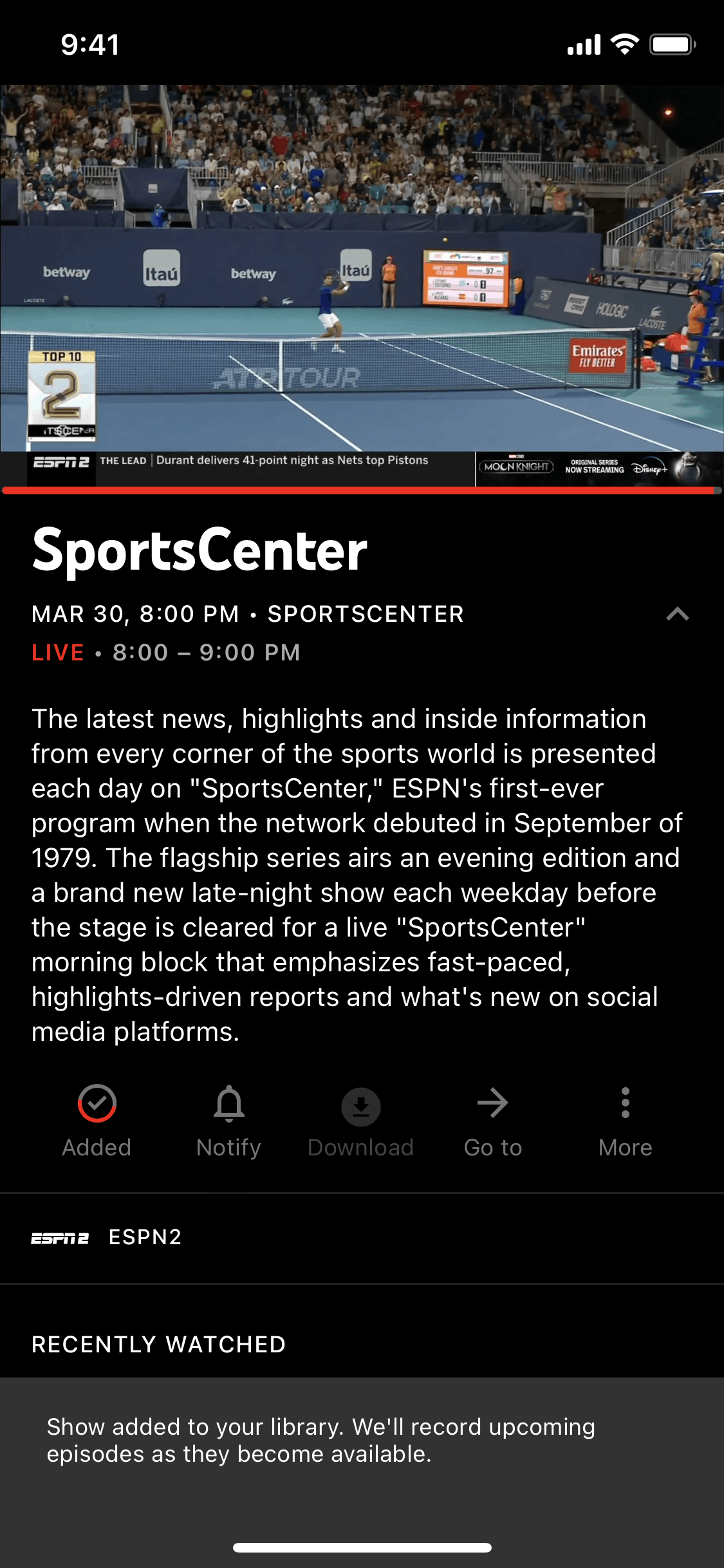 Adding an episode to library on YouTube TV (ios) screen 2
