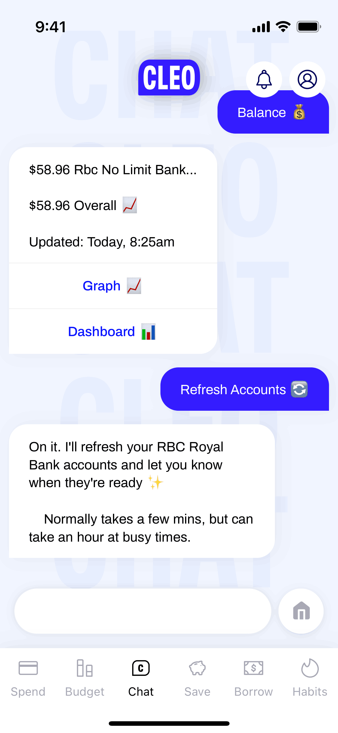 Cleo iOS Finance interface screenshot 1