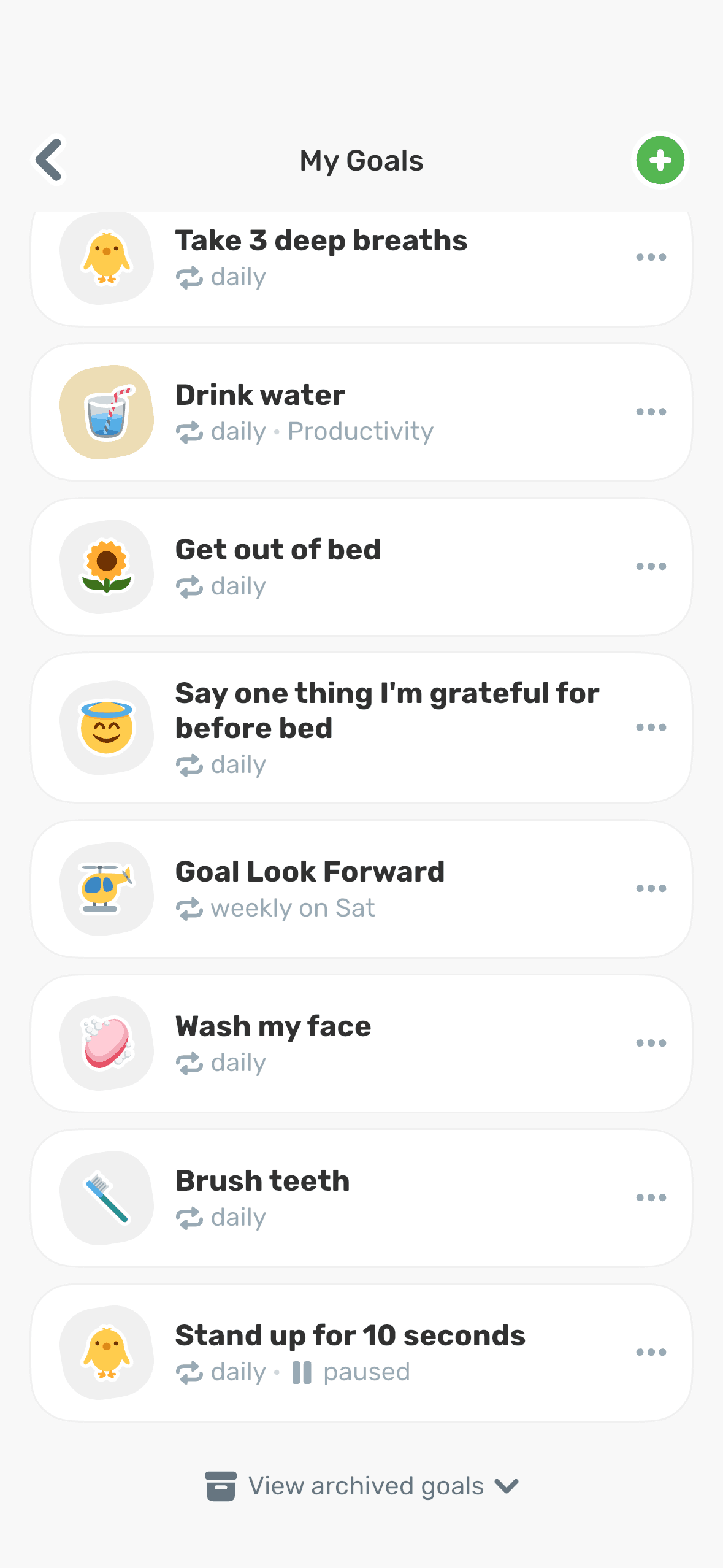 Finch iOS Health & Fitness interface screenshot 1