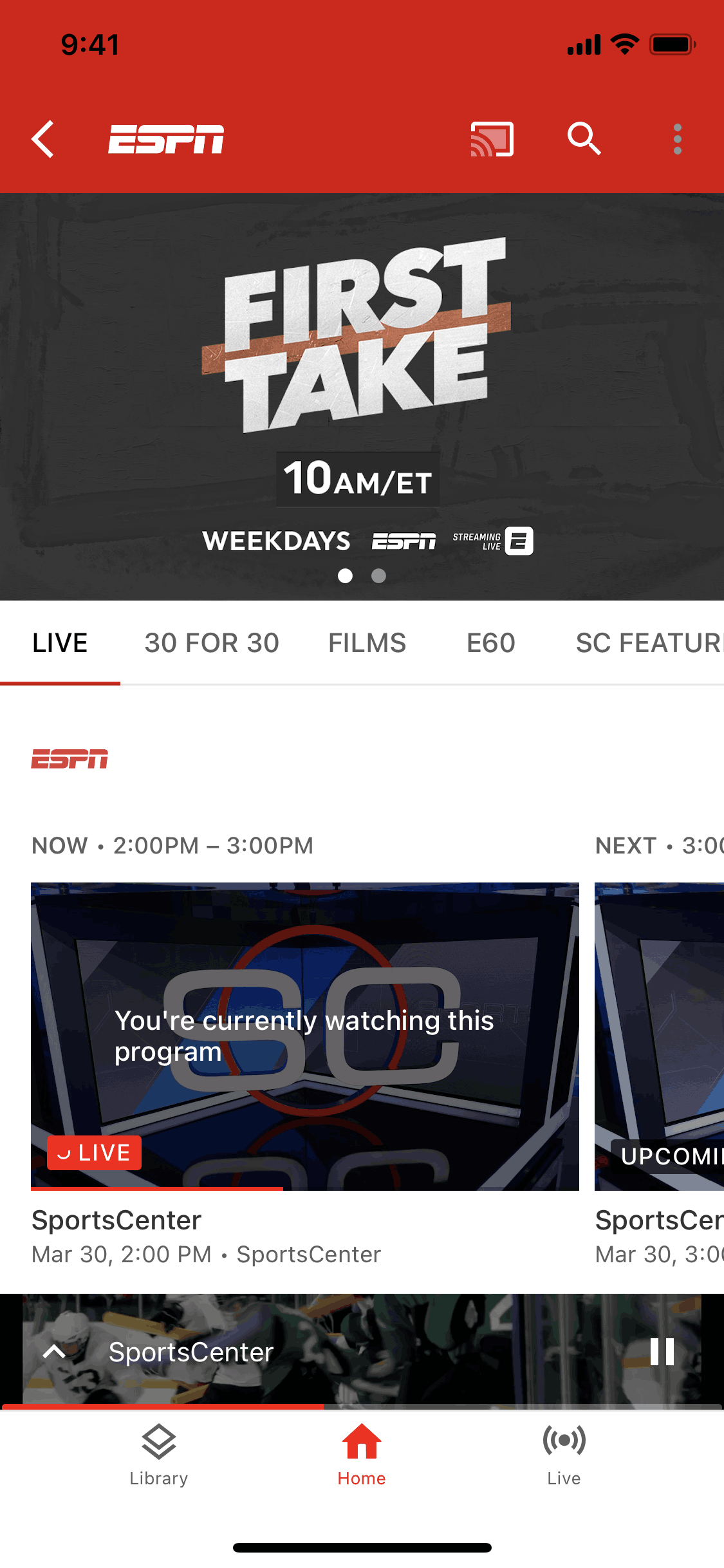 Go to ESPN on YouTube TV (ios) screen 2