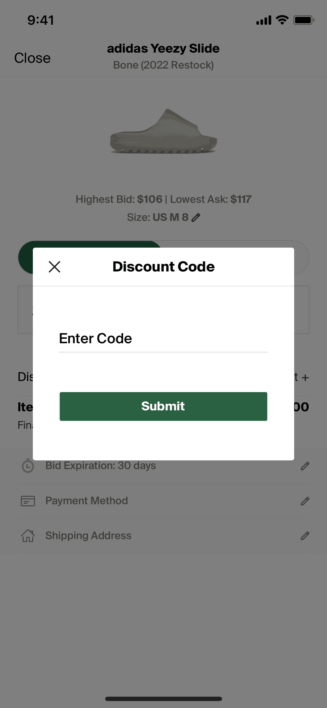 Entering a discount code on StockX (ios) screen 2
