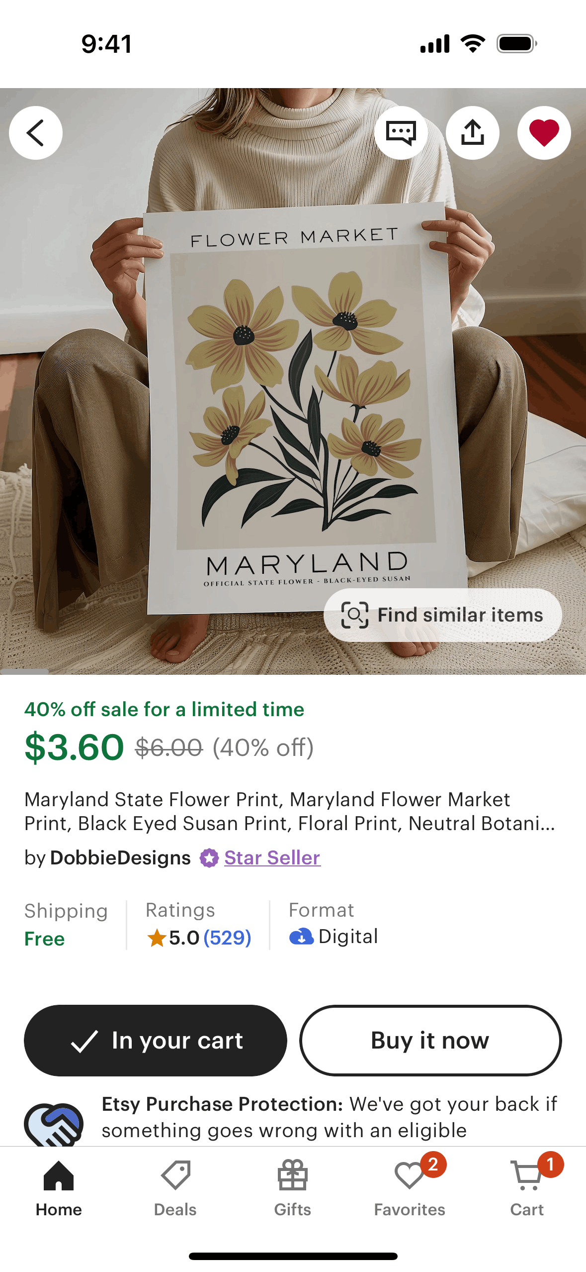 Adding an item to cart on Etsy (ios) screen 2