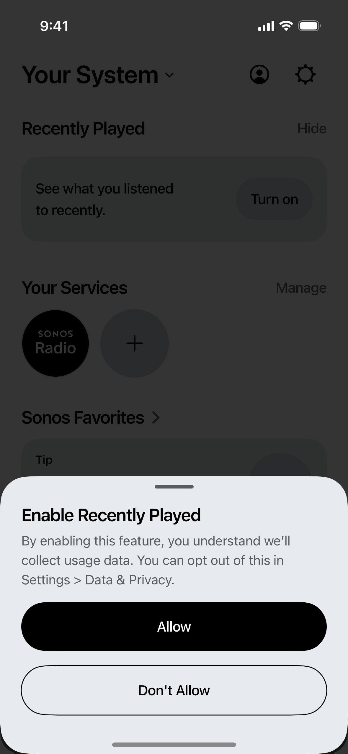 Enabling recently played on Sonos (ios) screen 2