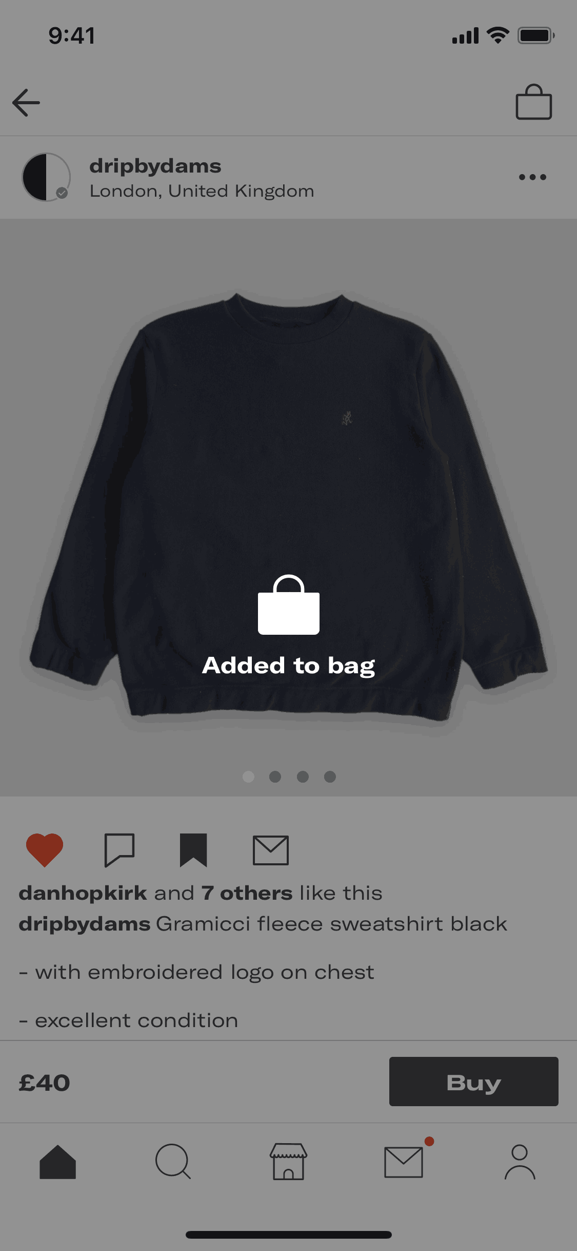 Adding a product to bag on Depop (ios) screen 2