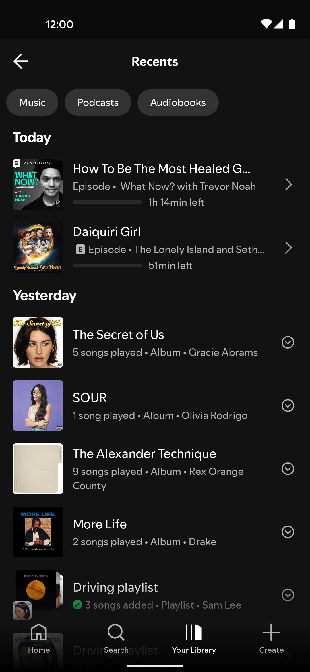 Spotify Android recently played library screen indexed in the Gummble UI library
