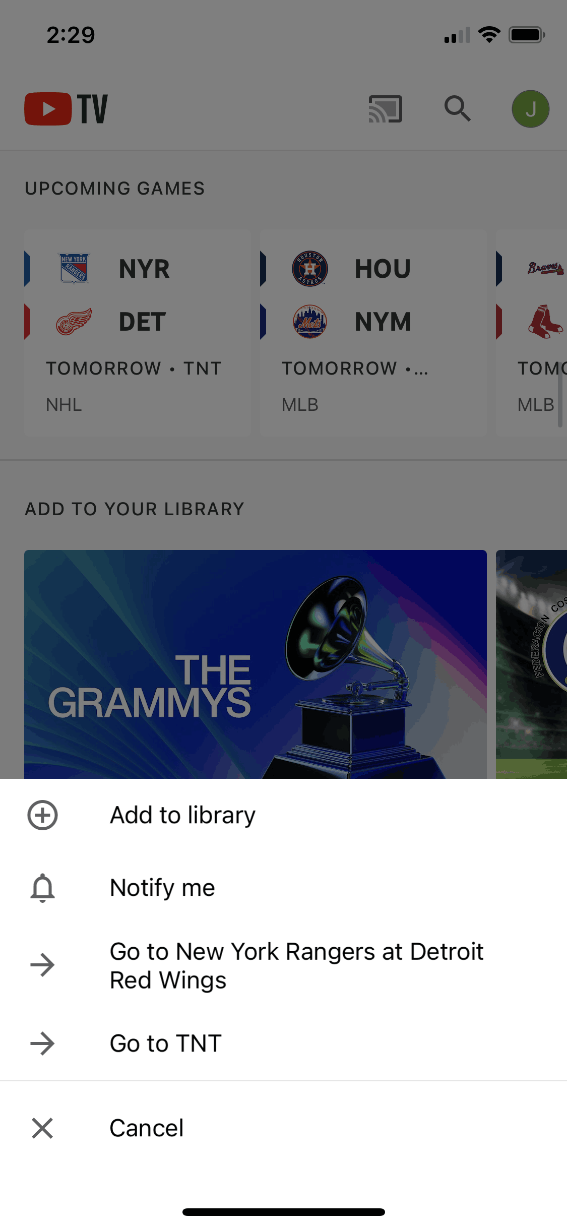 Event options on YouTube TV (ios) screen 2