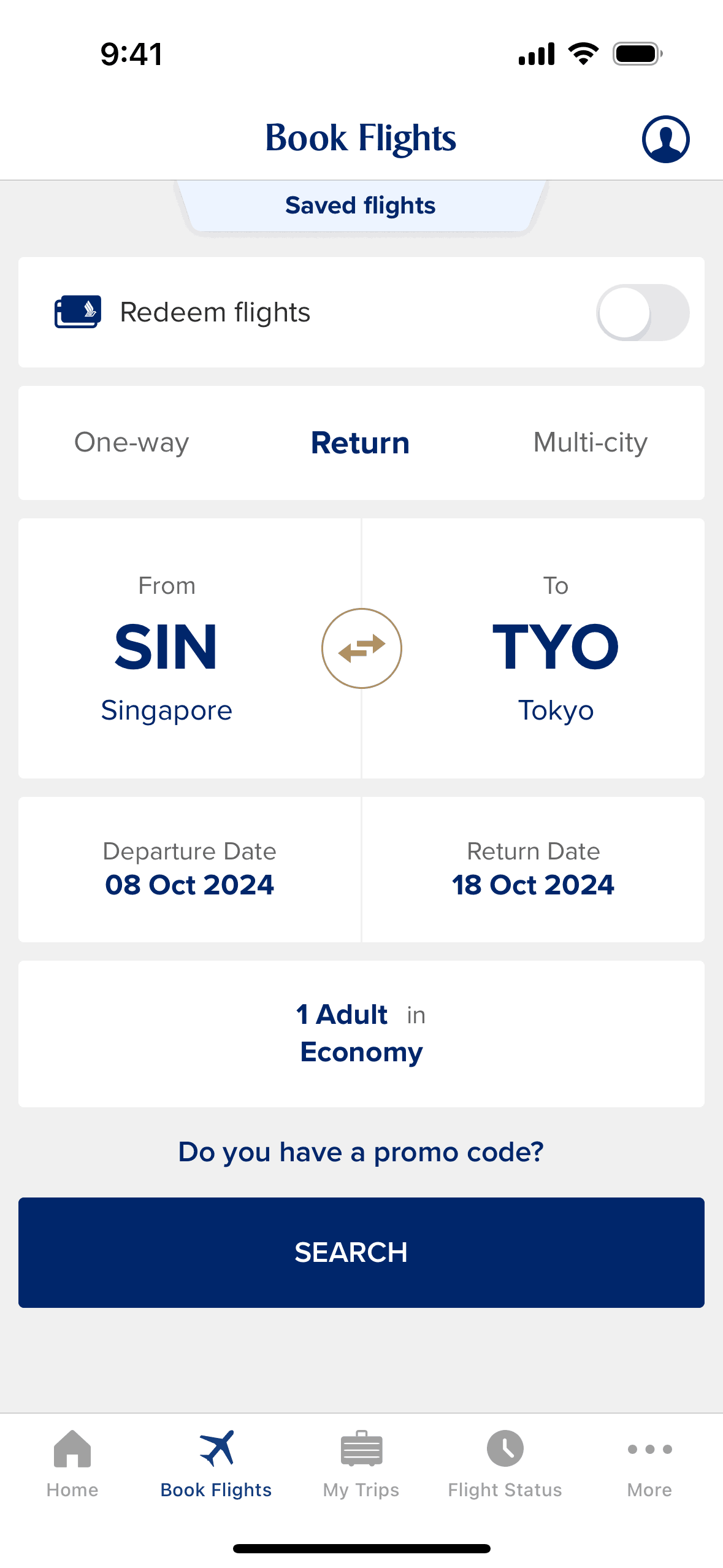 Singapore Airlines iOS Travel & Transportation interface screenshot 1