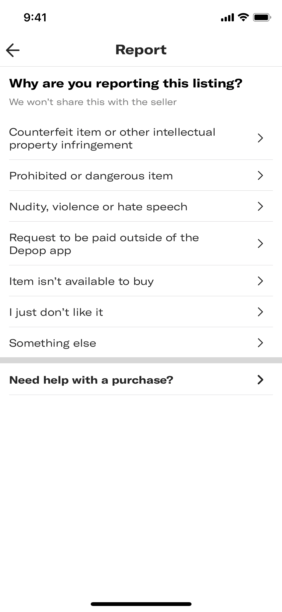 Reporting a product listing on Depop (ios) screen 2