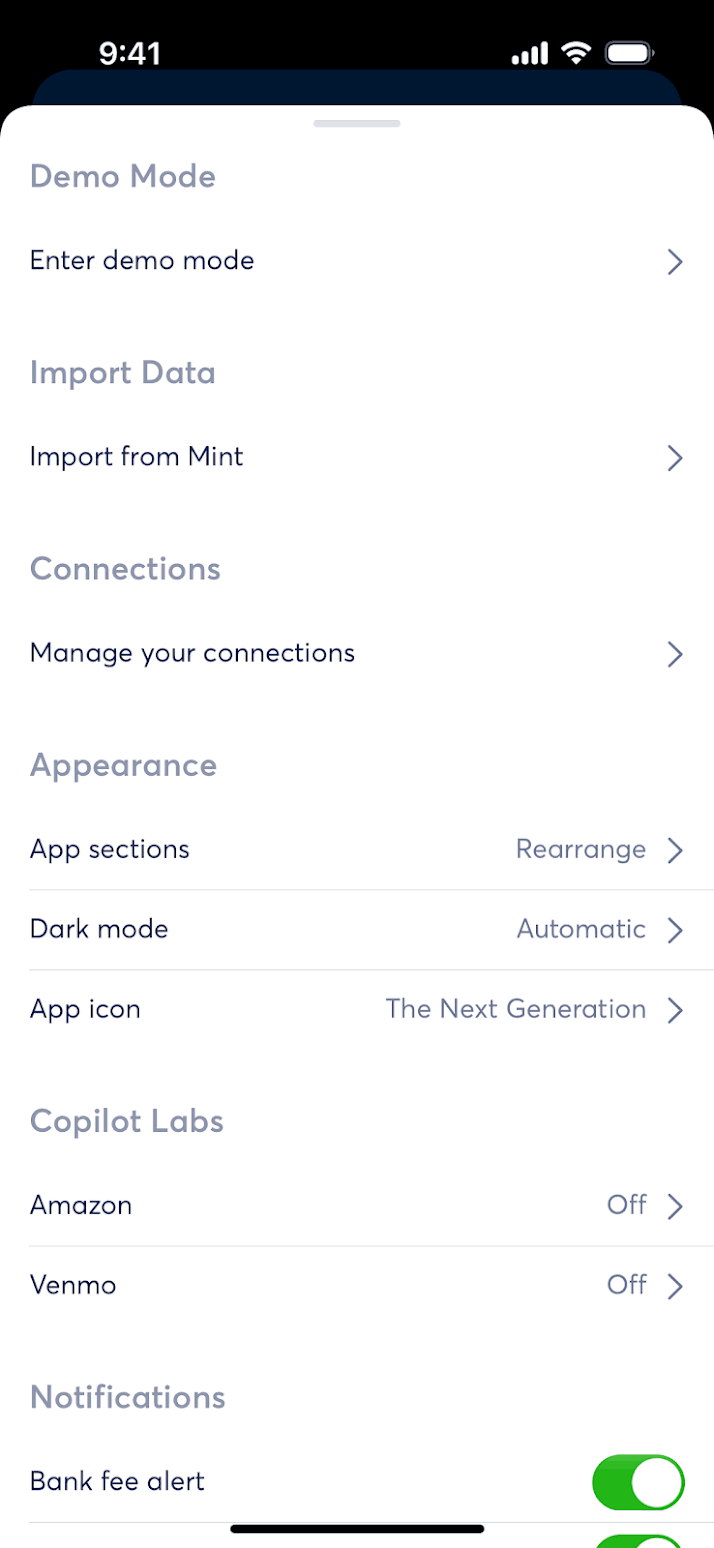 Copilot iOS Finance interface screenshot 9