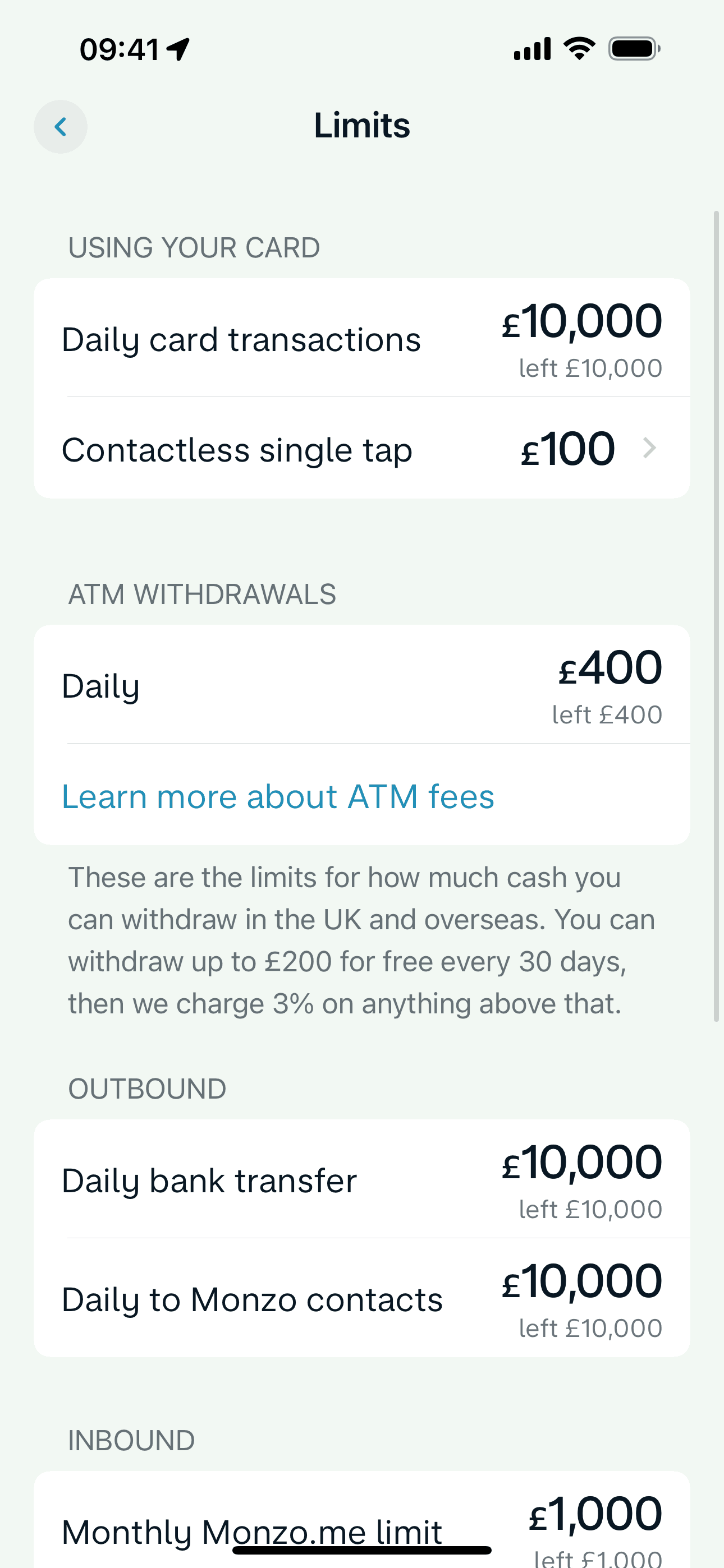 Limits on Monzo (ios) screen 2