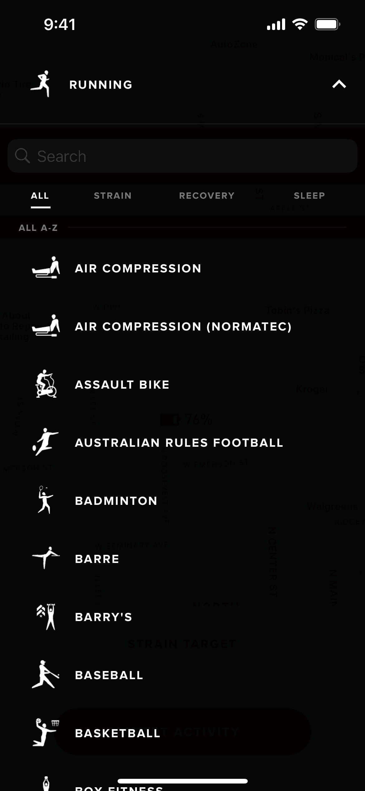 Activity types on WHOOP (ios) screen 2