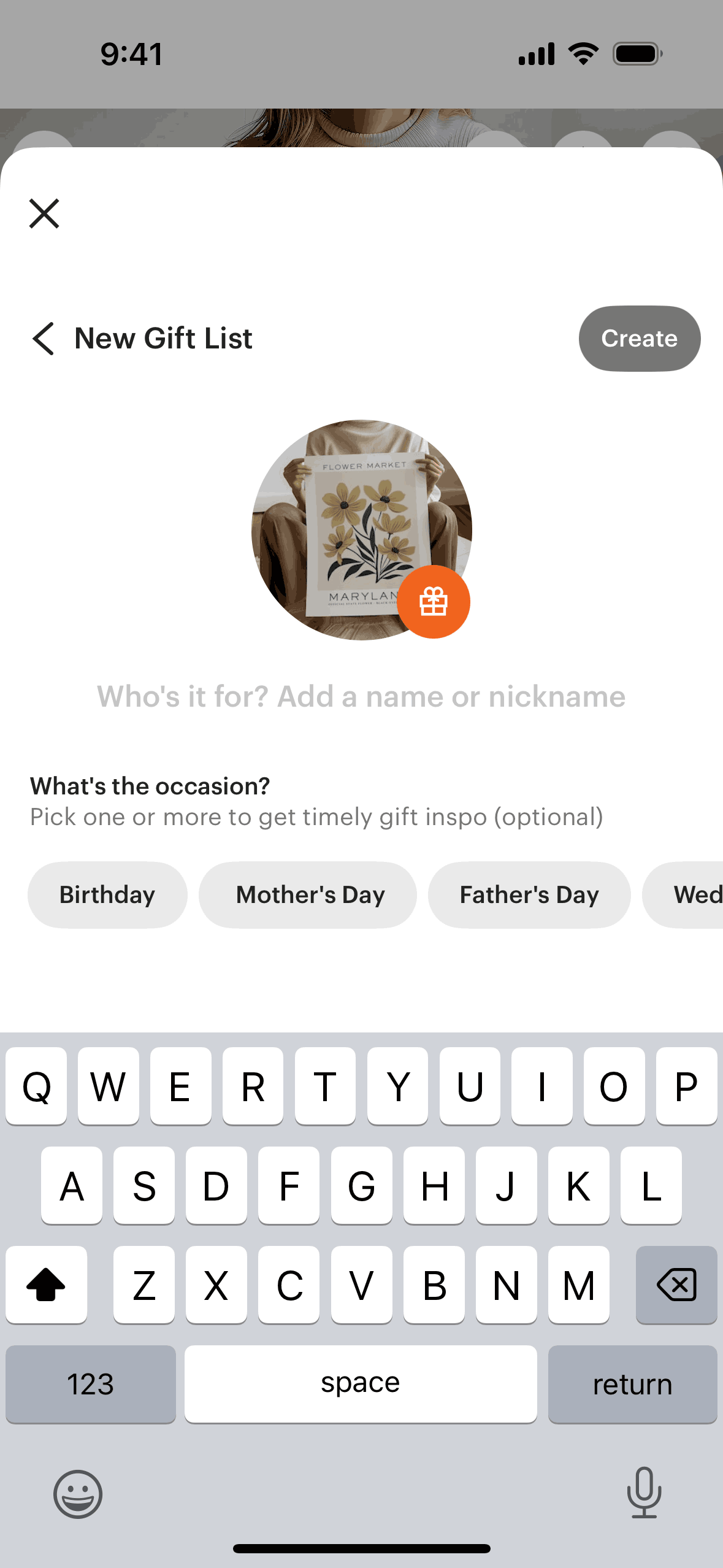 Creating a gift list on Etsy (ios) screen 2