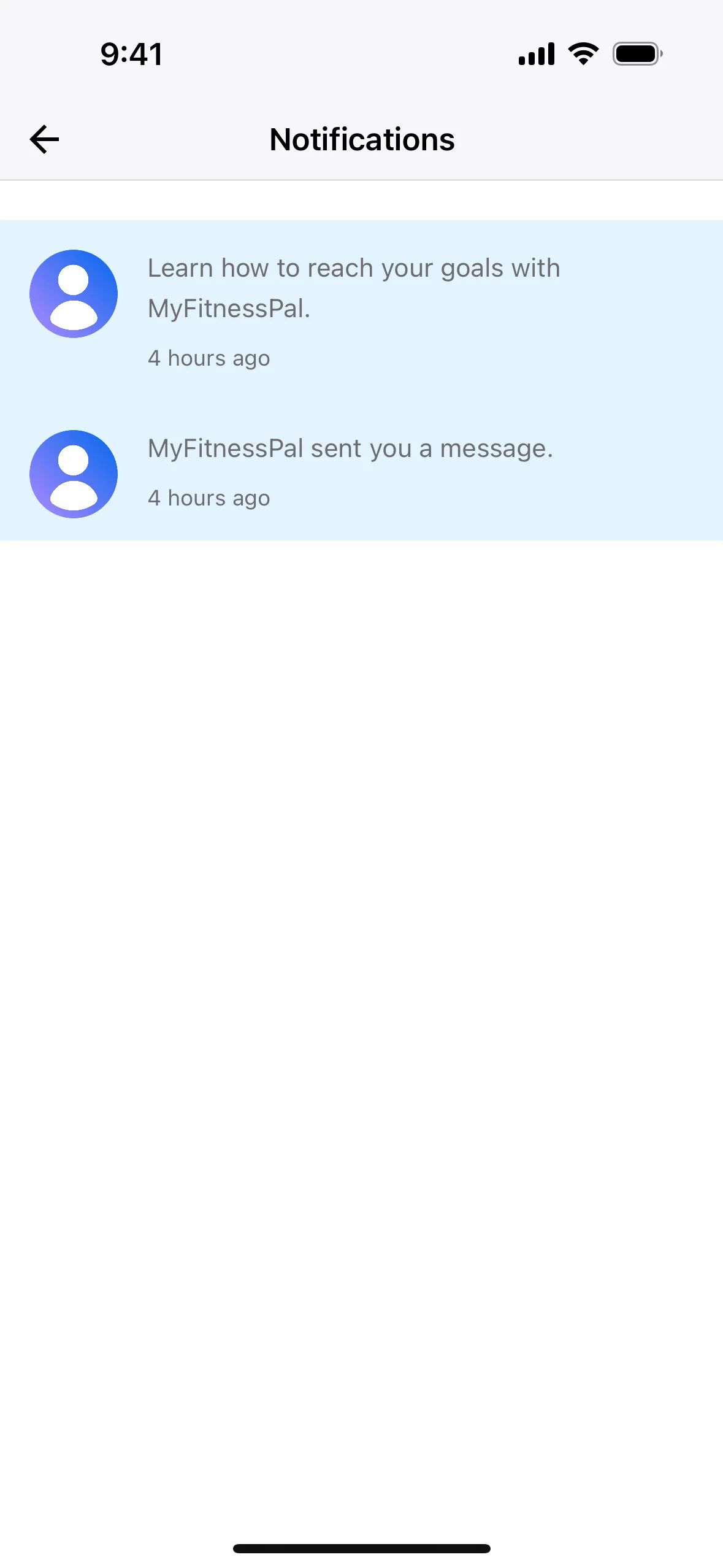 Notifications on MyFitnessPal (ios) screen 2