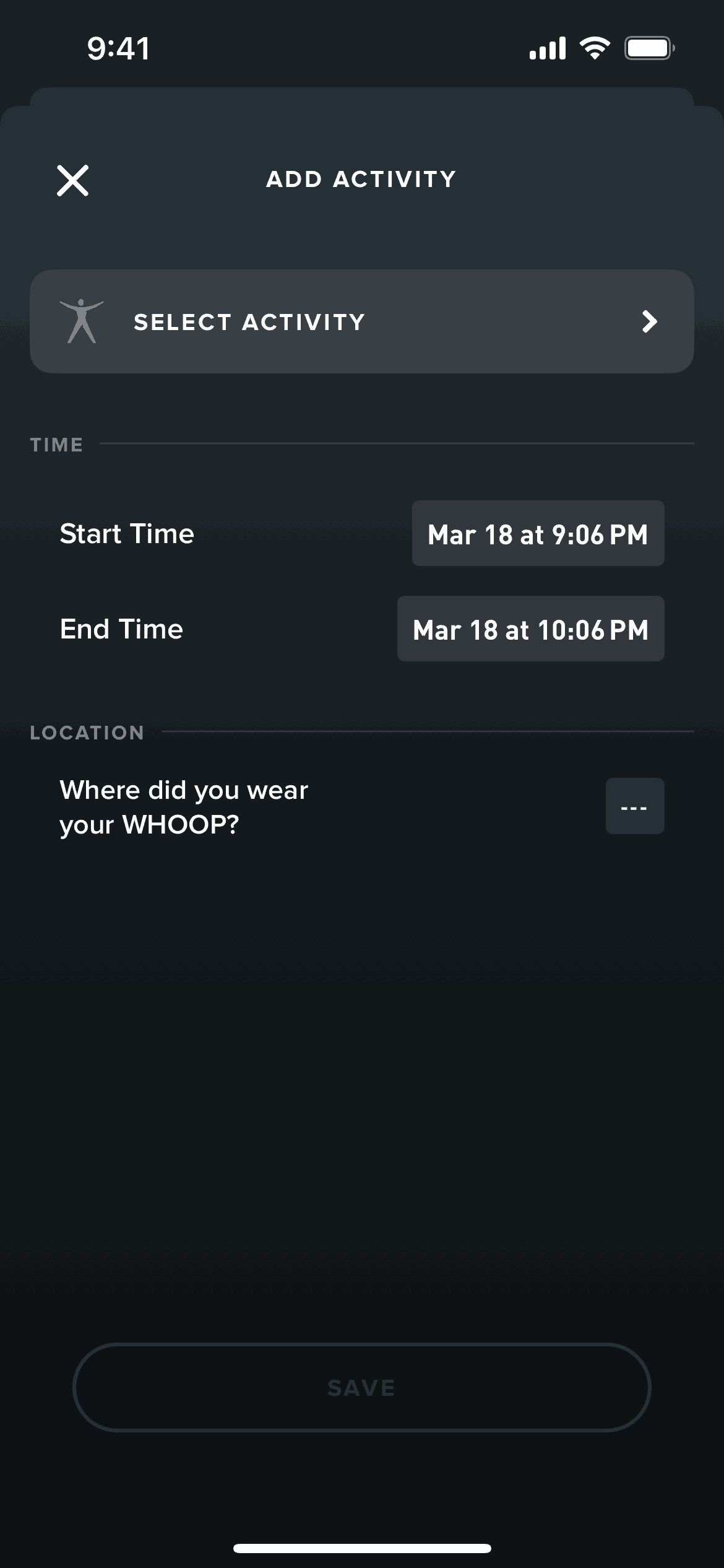 Logging an activity on WHOOP (ios) screen 2