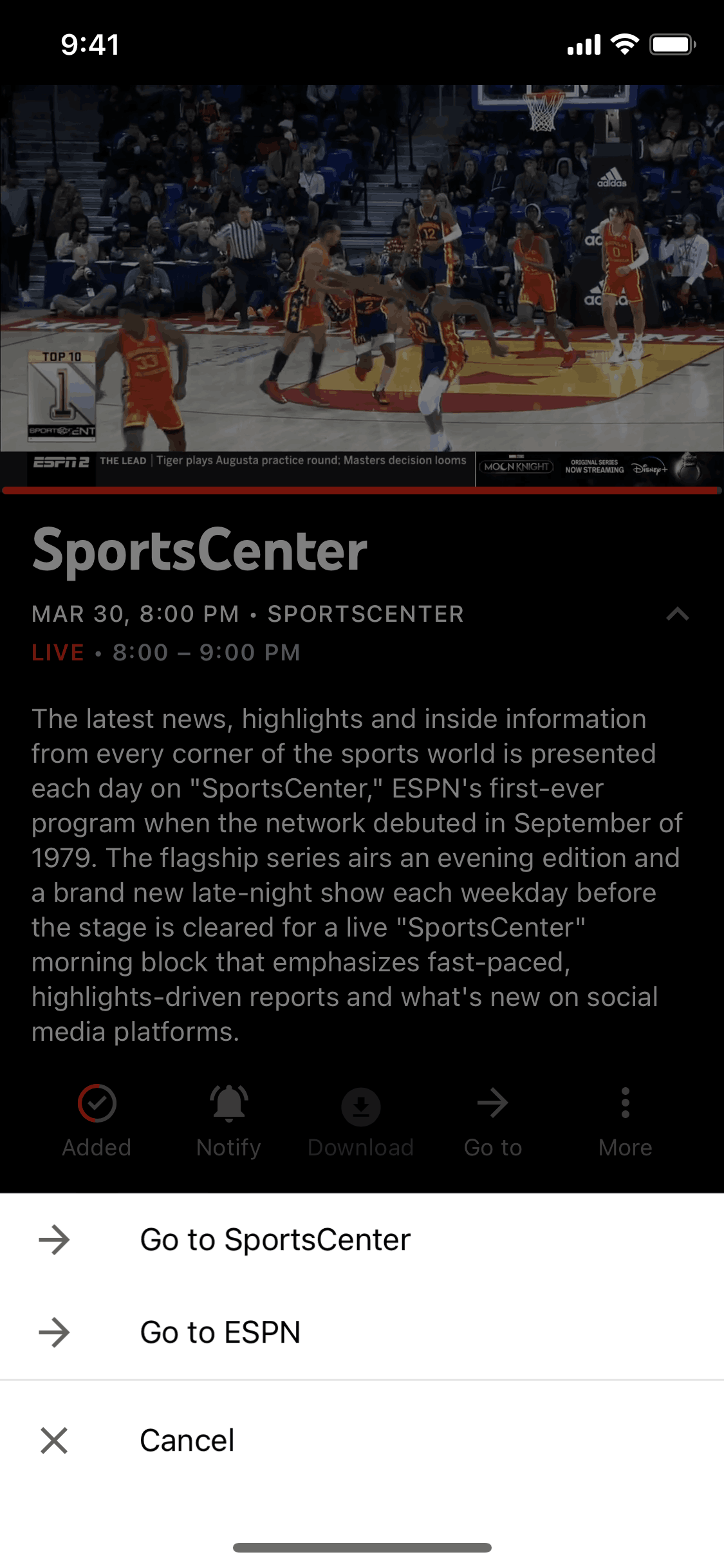 Navigation options on YouTube TV (ios) screen 2