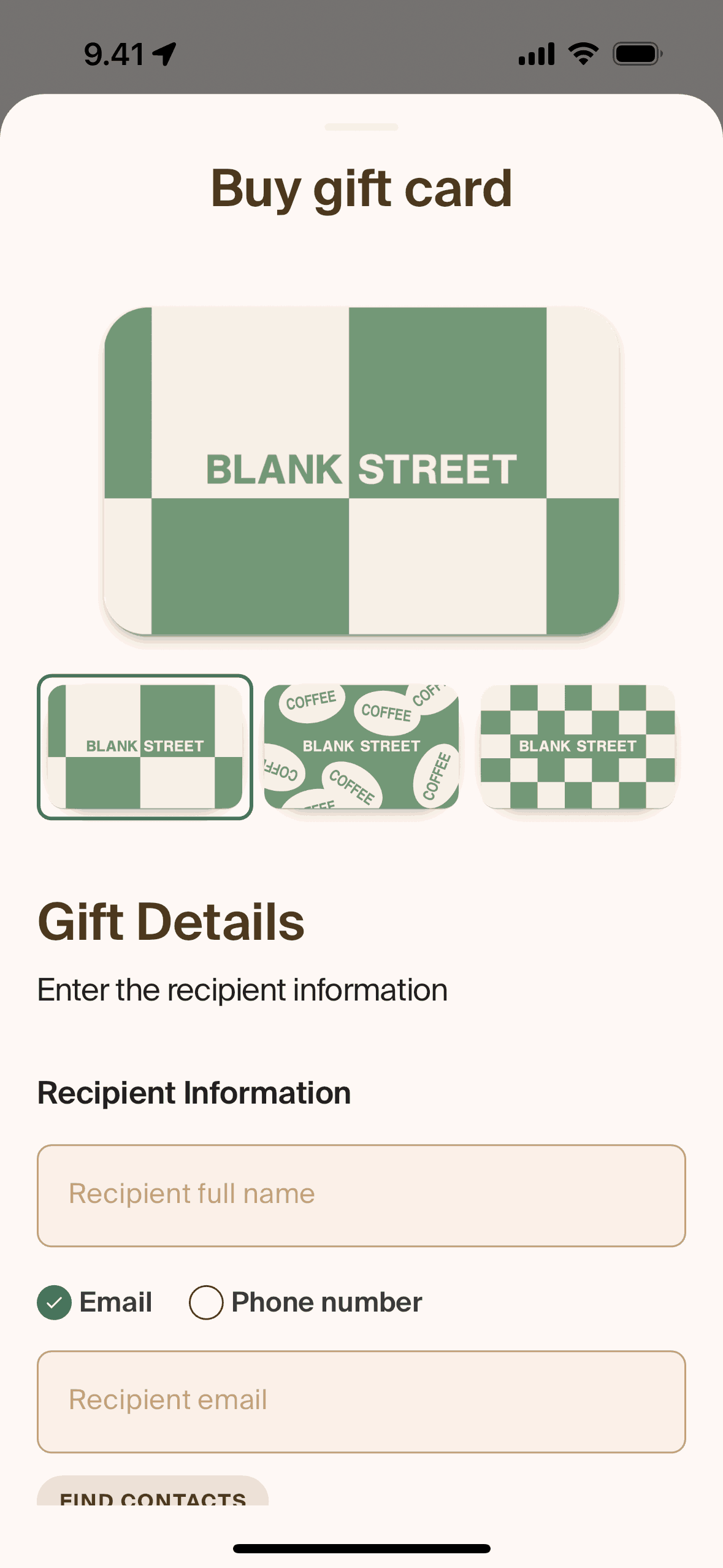 Buying a gift card on Blank Street (ios) screen 2