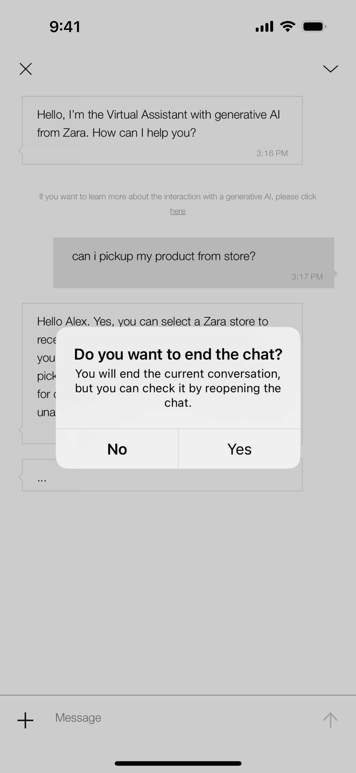 Ending chat with virtual assistant on ZARA (ios) screen 2