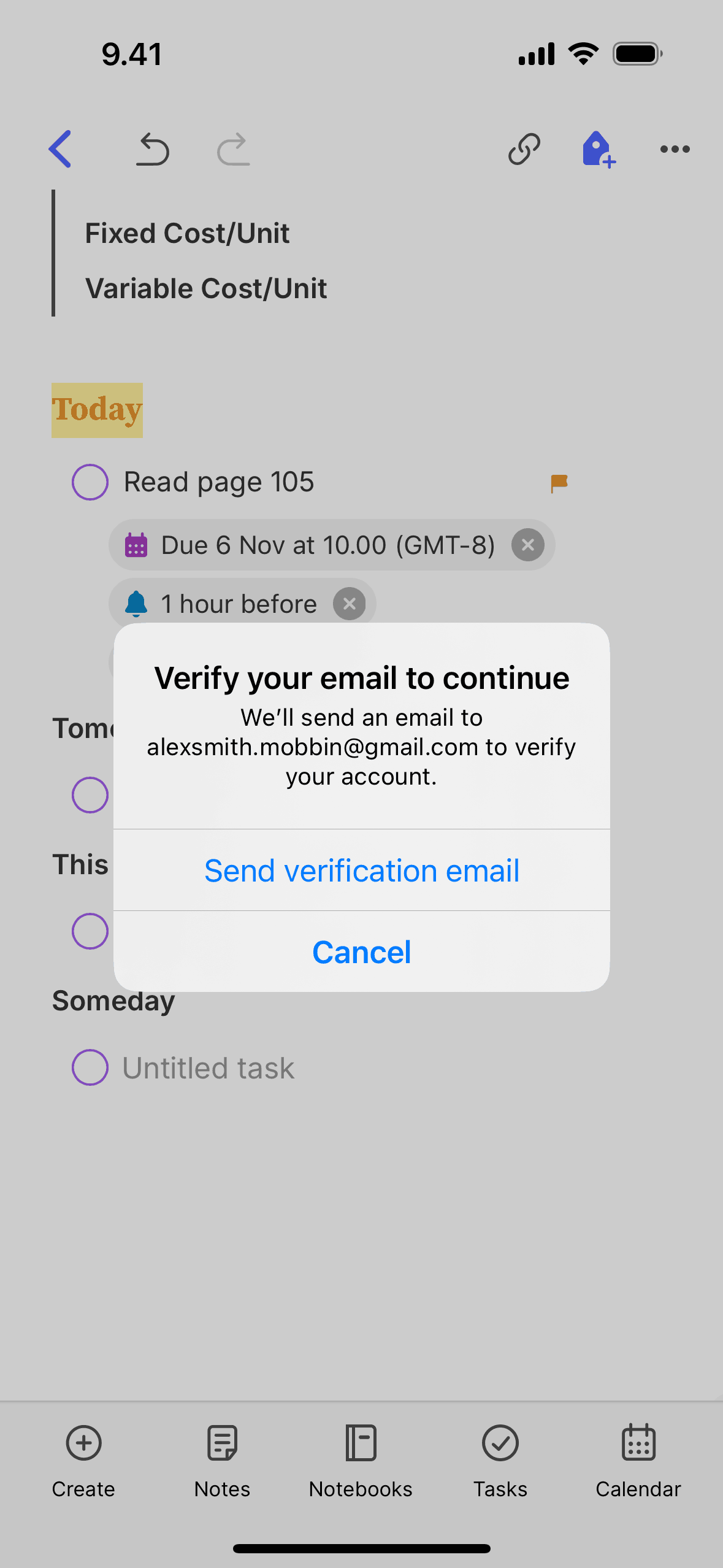 Assigning a task on Evernote (ios) screen 2