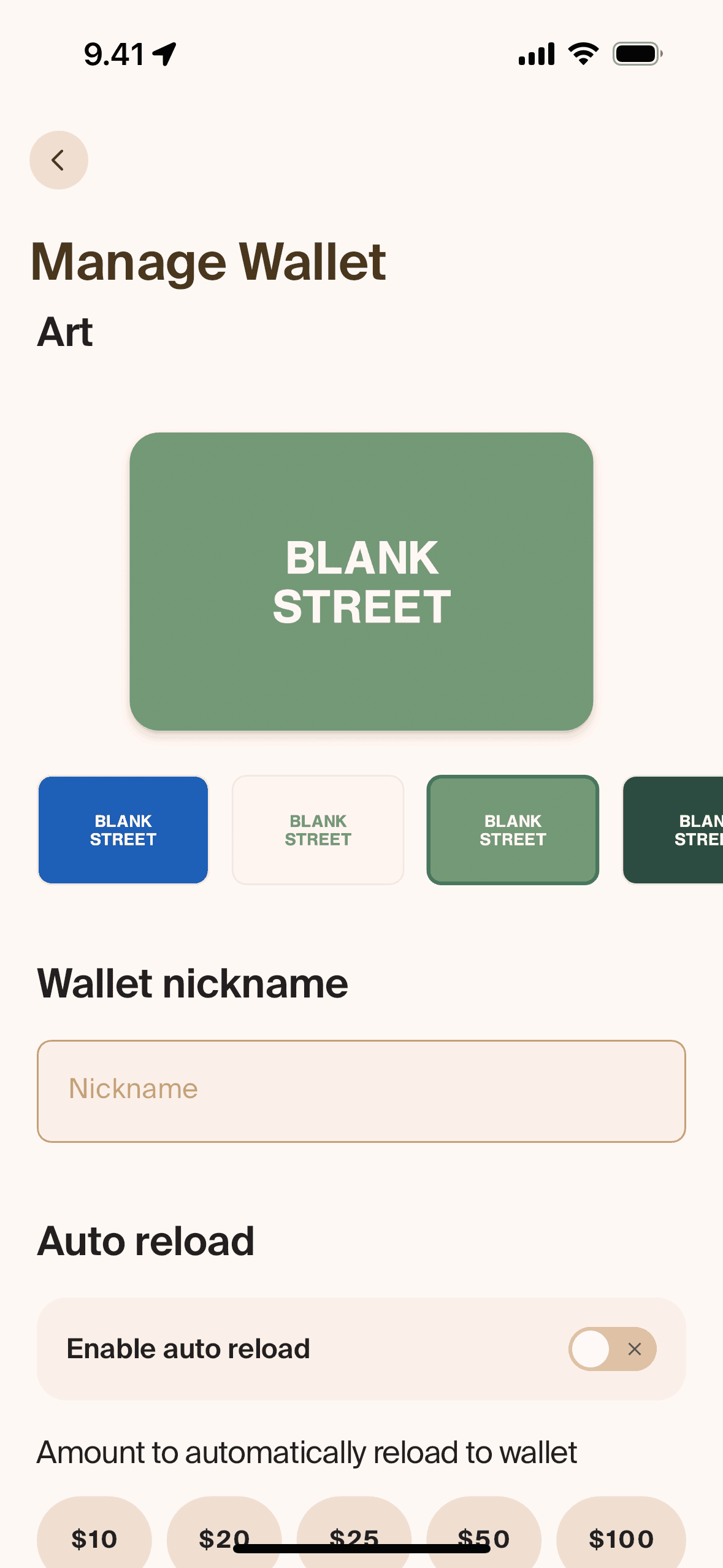 Customizing wallet on Blank Street (ios) screen 2