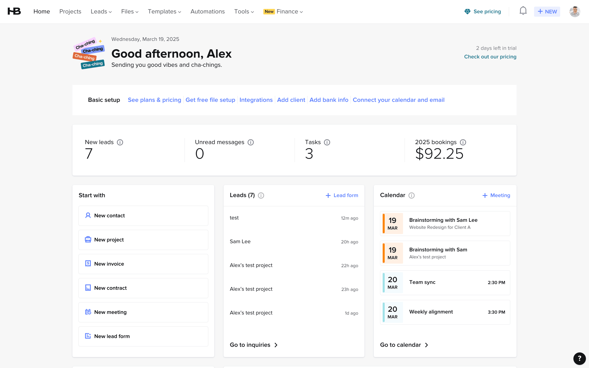 HoneyBook Web Business interface screenshot 1