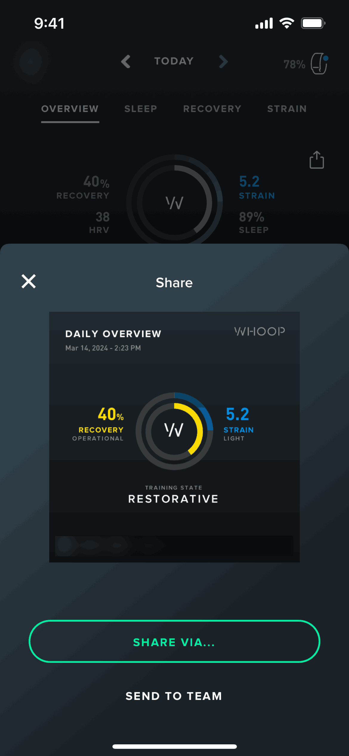 Sharing my daily overview on WHOOP (ios) screen 2